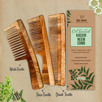 Nat Habit - Kacchi Neem Wooden Comb - Soaked In 17 Herbs, Neem & Sesame Oil For Multi-Actions - Detangling, Frizz Control & Shine (Dual Tooth, Fine Tooth & Wide Tooth) Combo Pack of 3