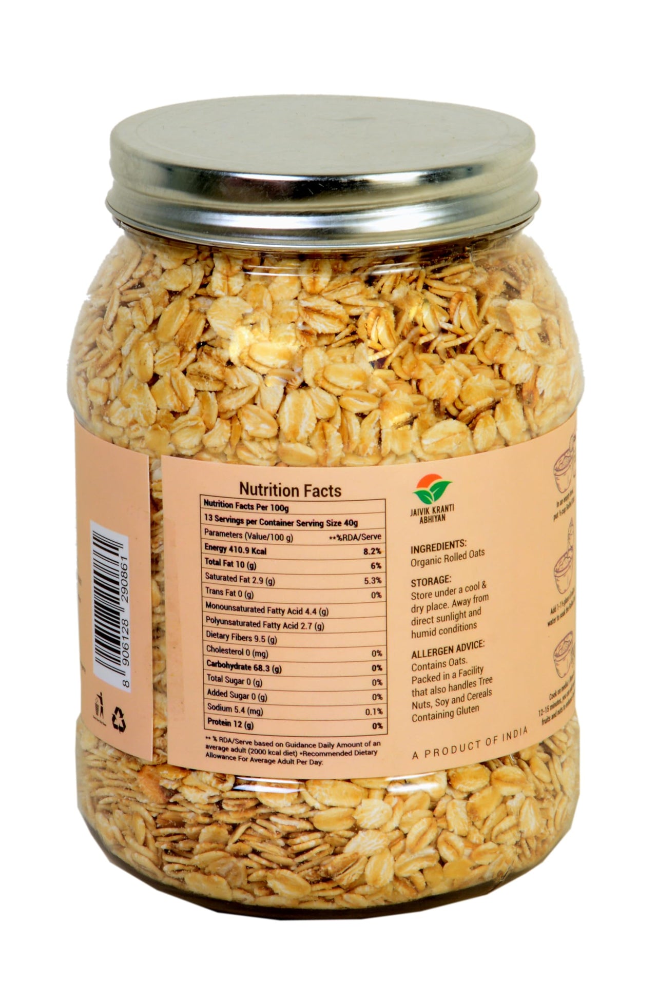 Orgrain India Organic Rolled Oats 500g | Gluten Free Oats | Healthy Breakfast Cereal | Whole Grain Old Fashion Jumbo Rolled Oats with High Fibre, Protein | Diet food for Weight Management