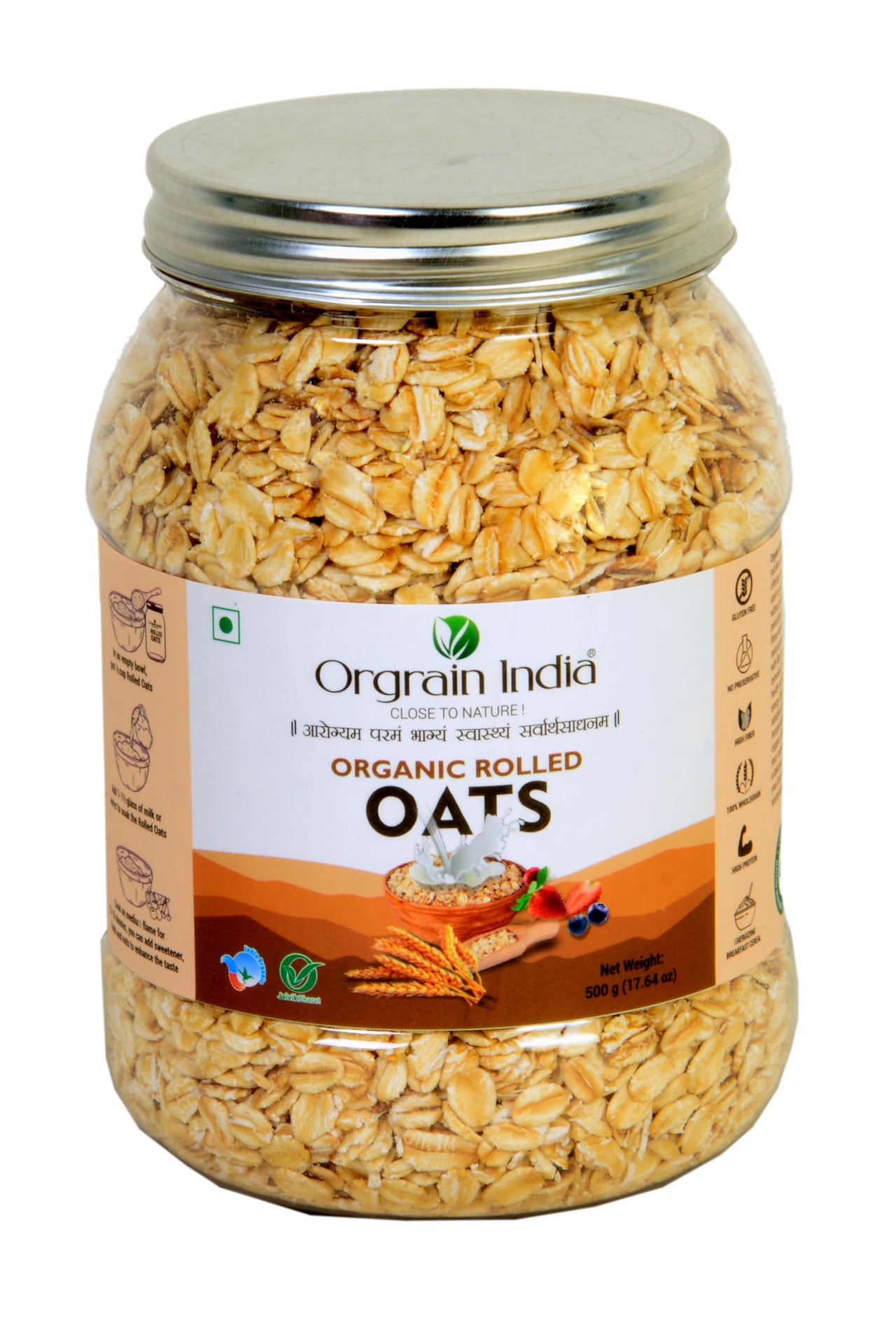 Orgrain India Organic Rolled Oats 500g | Gluten Free Oats | Healthy Breakfast Cereal | Whole Grain Old Fashion Jumbo Rolled Oats with High Fibre, Protein | Diet food for Weight Management
