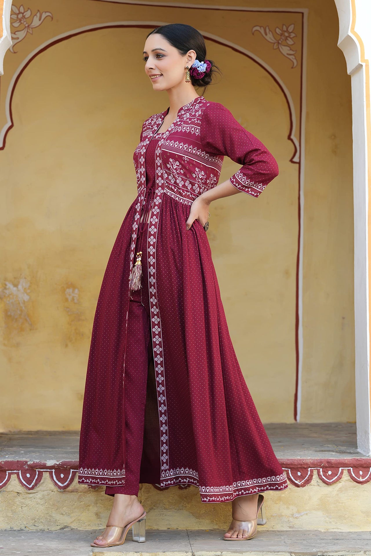 Juniper Maroon Rayon Printed Jacket Style Kurta Pant Set