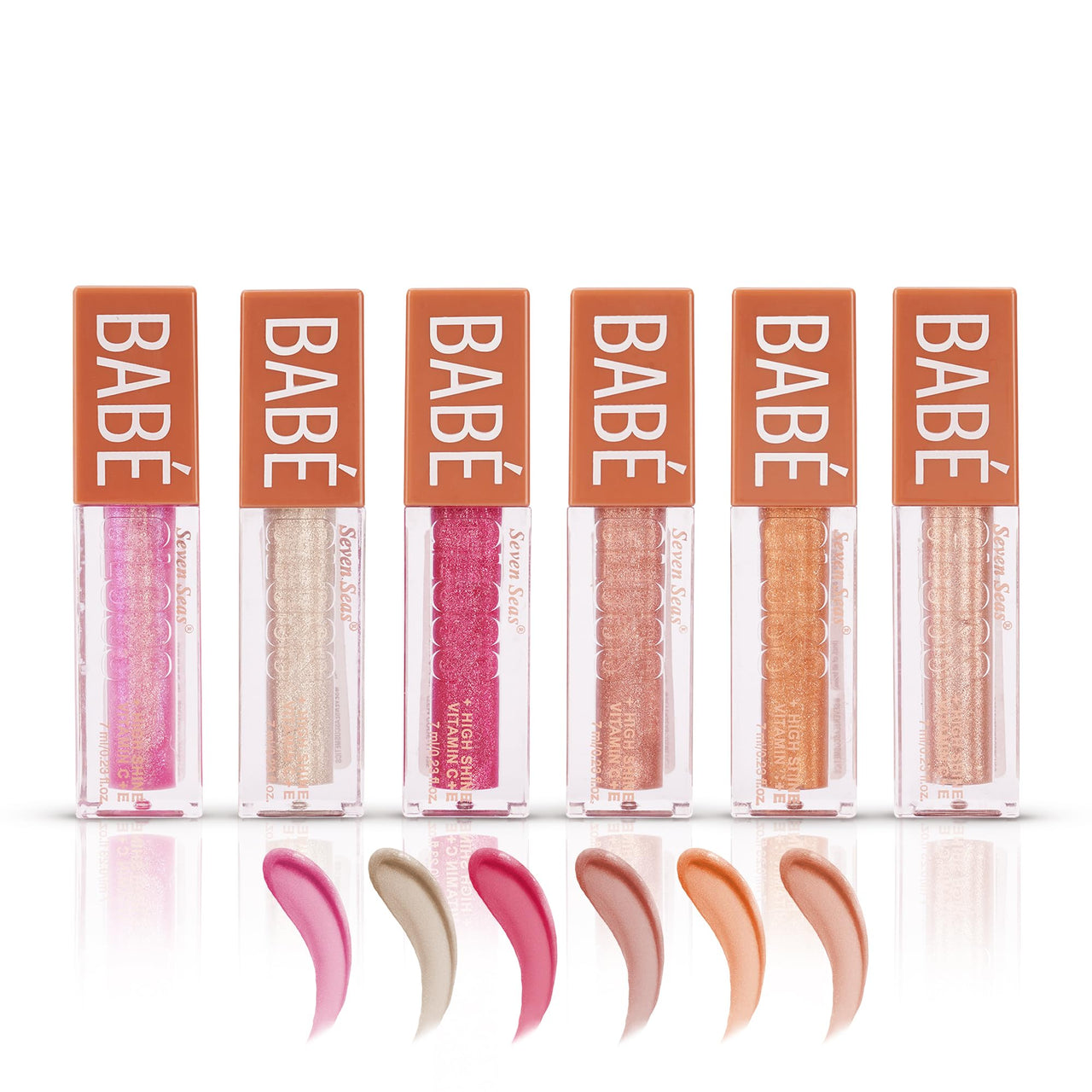 Seven Seas Babe Glittery Lip Gloss Long Lasting Water & Smudge Proof With High Shine Lip Color For Glossy Look Lightweight Non Sticky Lip shiner For Moisturizing Lips (Pink,Silver,Hot Pink,Rose,Bronze,Penny)Pack of 6