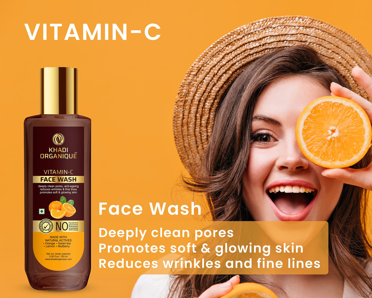 Khadi Organique Vitamin C Natural Face Wash for Glowing & Brightening Skin | Reduces Skin Dullness & Tan | Best Suitable Face Wash for Women & Men of All Skin Types - 100ml