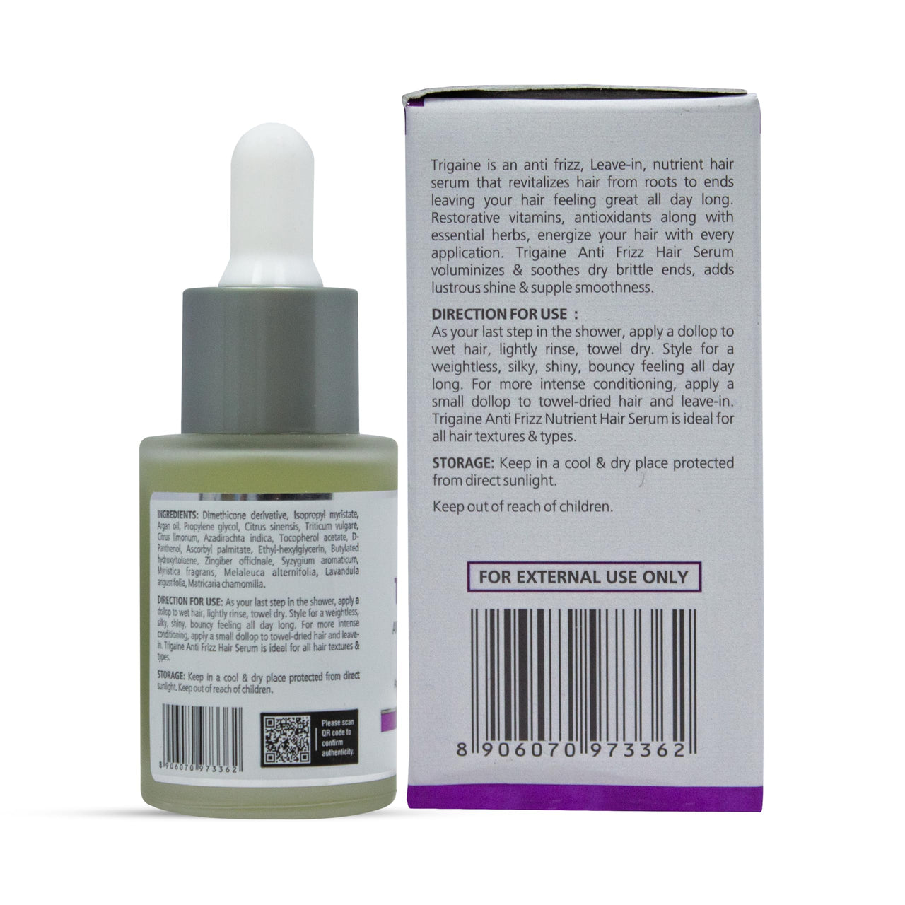 Trigaine Anti-Frizz Hair Serum 30ml | Detangle Hair Controls Frizz Repairs Dry & Brittle Hair | Argan Oil Vitamin E C & B Enriched Leave-In Hair Serum | Lightweight Non-Greasy