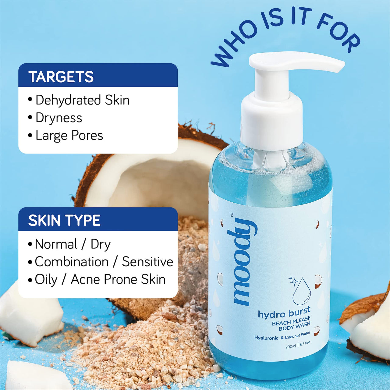 Moody 7D Hydro Burst with Hyaluronic Acid Body Wash | Refreshes, Deep Cleanses Skin & Provides Intense Hydration to Skin | Gentle and for All Skin Types | Softer, Smoother Skin 200ml