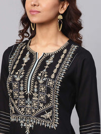 idaLia Women's  Embroidered Black Rayon Kurta With Palazzo Pants