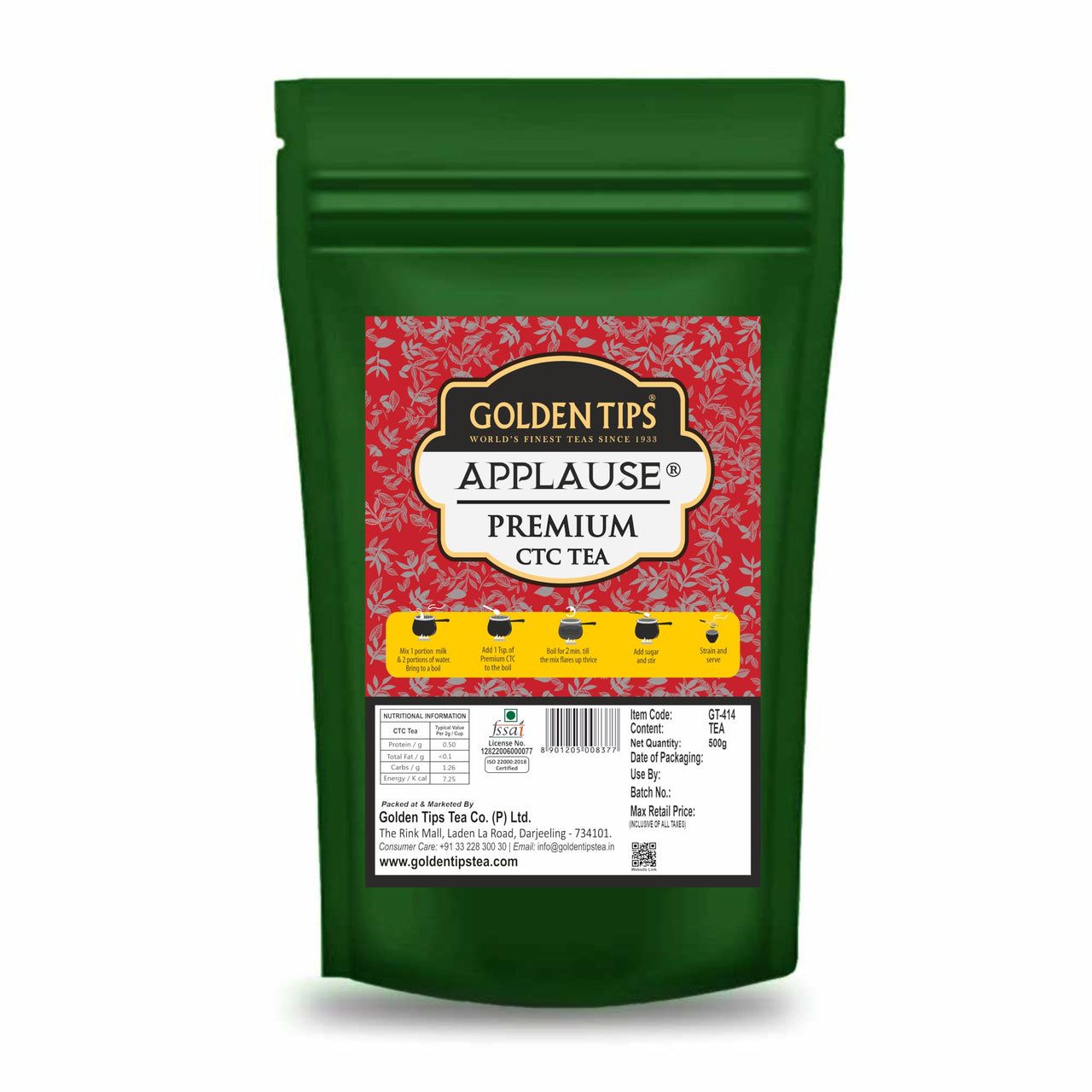 Golden Tips Applause Premium Assam CTC Tea, Strong & Aromatic Chai Patti, 100% Natural Loose Tea Leaves, 500g