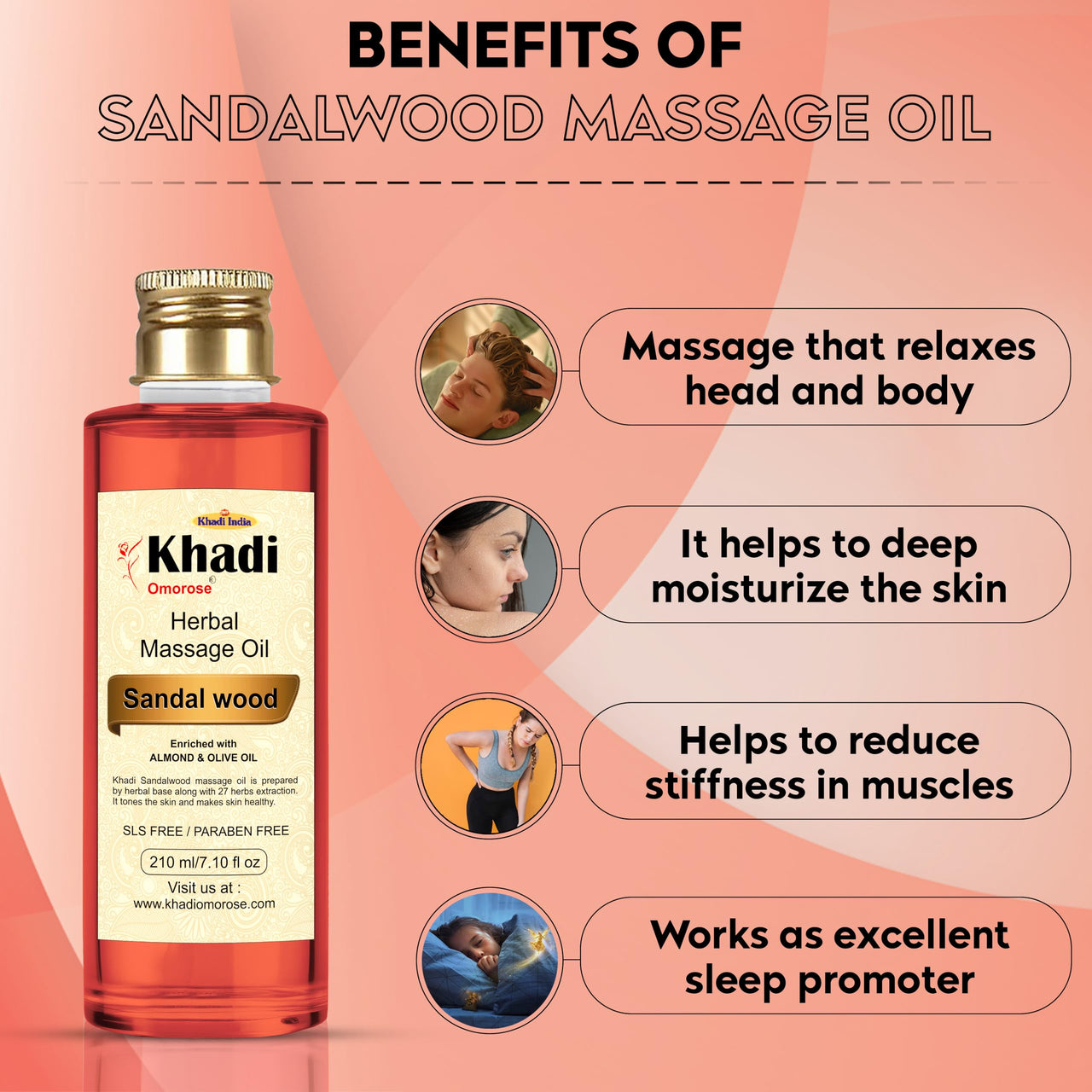 Khadi Omorose Sandalwood Massage Oil With Almond, Jojoba, Wheatgerm Olive, Sesame, Vitamin E Oil, 210 Ml