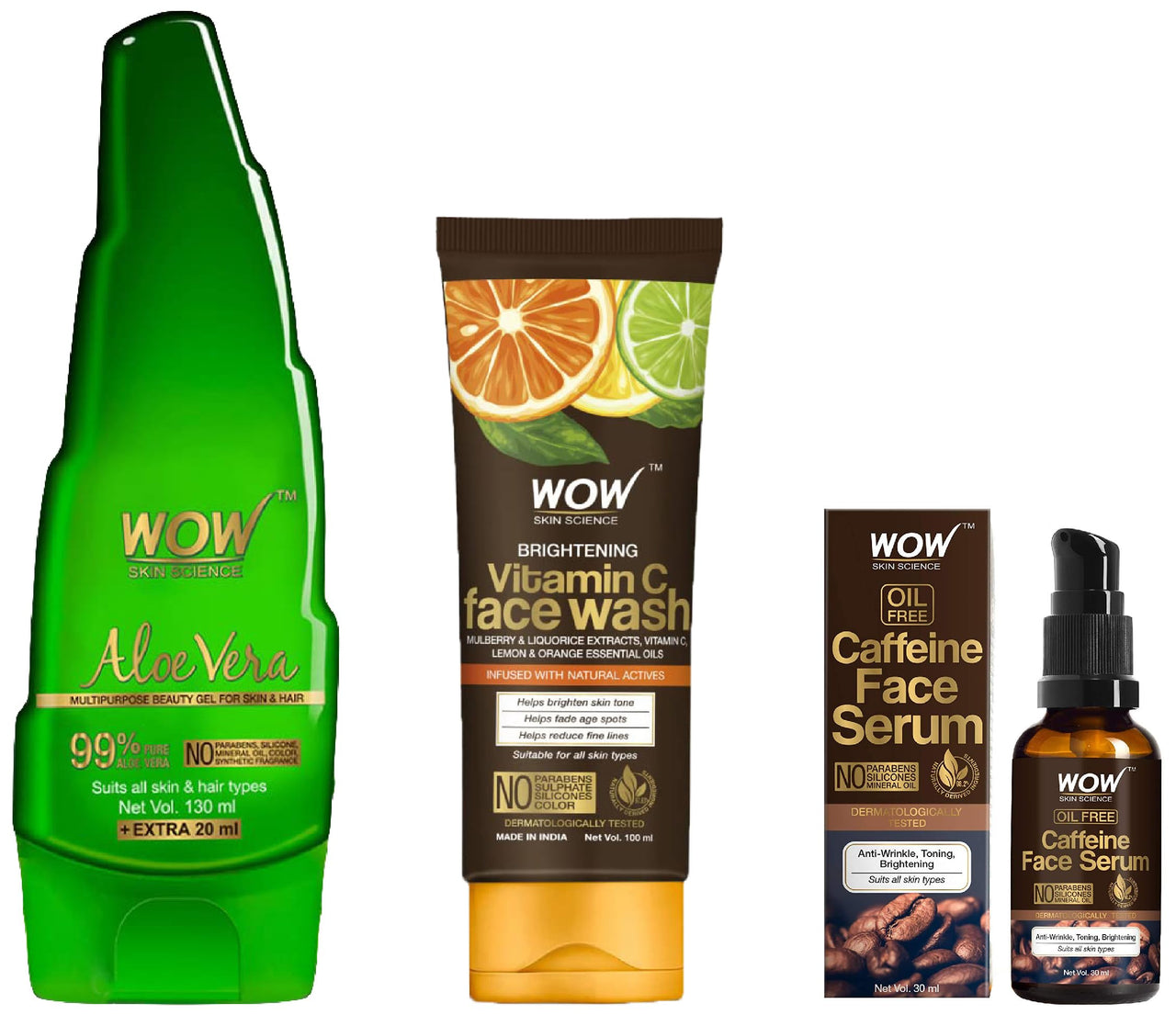 WOW Skin Science Caffeine Face Serum - Quick Absorbing - Oil Free - Anti-Aging& Science Brightening Vitamin C Face Wash&Science 99% Pure Aloe Vera Gel For Face,Skin&Hair - 150Ml