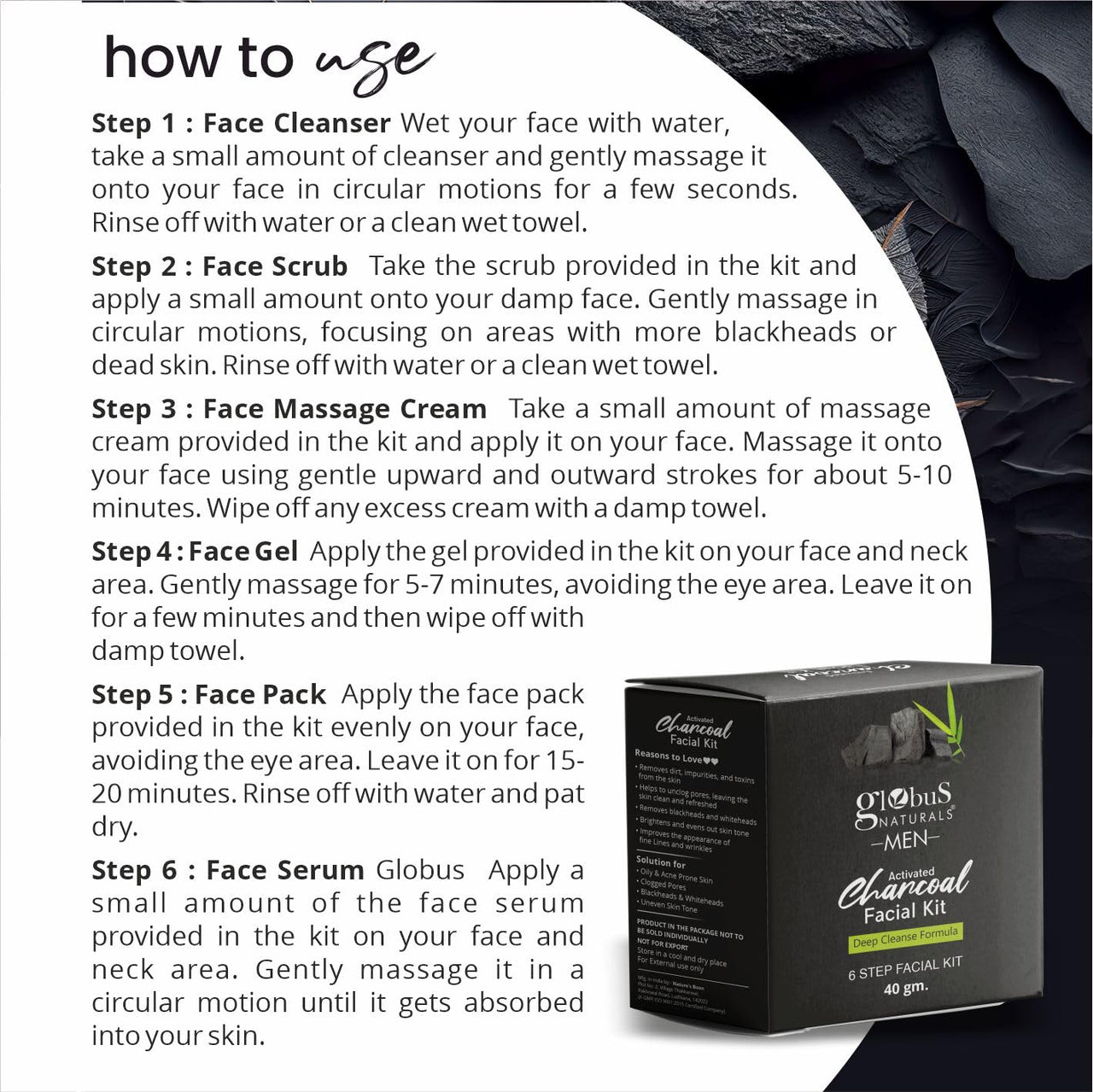 Globus Naturals Charcoal Men Face Wash & Facial Kit Combo, Anti Pollution Formula, For Normal to Oily Skin