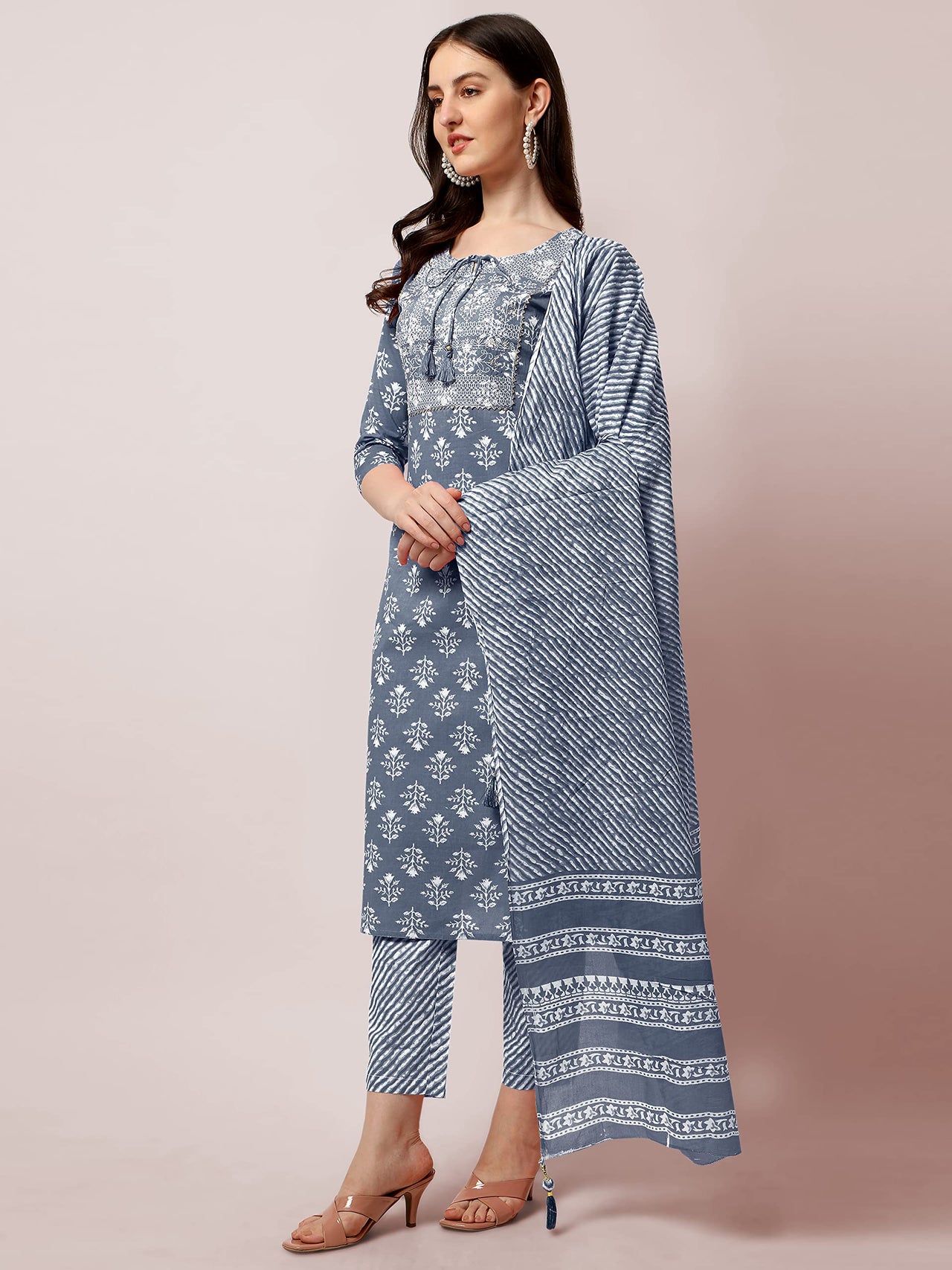 SOURBH Women's  Stylish Straight Fit Cotton Ethnic Block Motif Printed Kurta Set with Trouser Pant and Dupatta