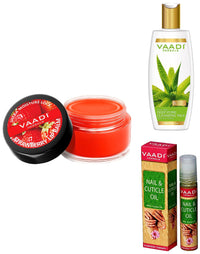 Vaadi Herbals Aloe Vera Deep Pore Cleansing Milk, 350ml & Vaadi Herbals Lip Balm, Strawberry and Honey, 10g & Vaadi Herbals Nail and Cuticle Oil with Jojoba Oil, 10ml