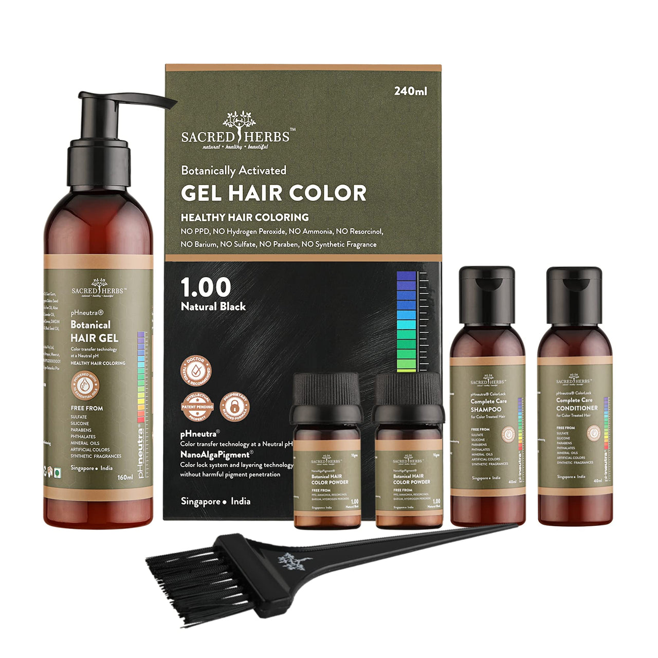 SACRED HERBS Ammonia & PPD Free Organic Gel Hair Color | pH Neutral | Long Lasting Colour with 100% Grey Coverage | Conditioning & Damage Free Natural Hair Coloring for Men & Women Natural Black 1.00 - 240ml+20gms
