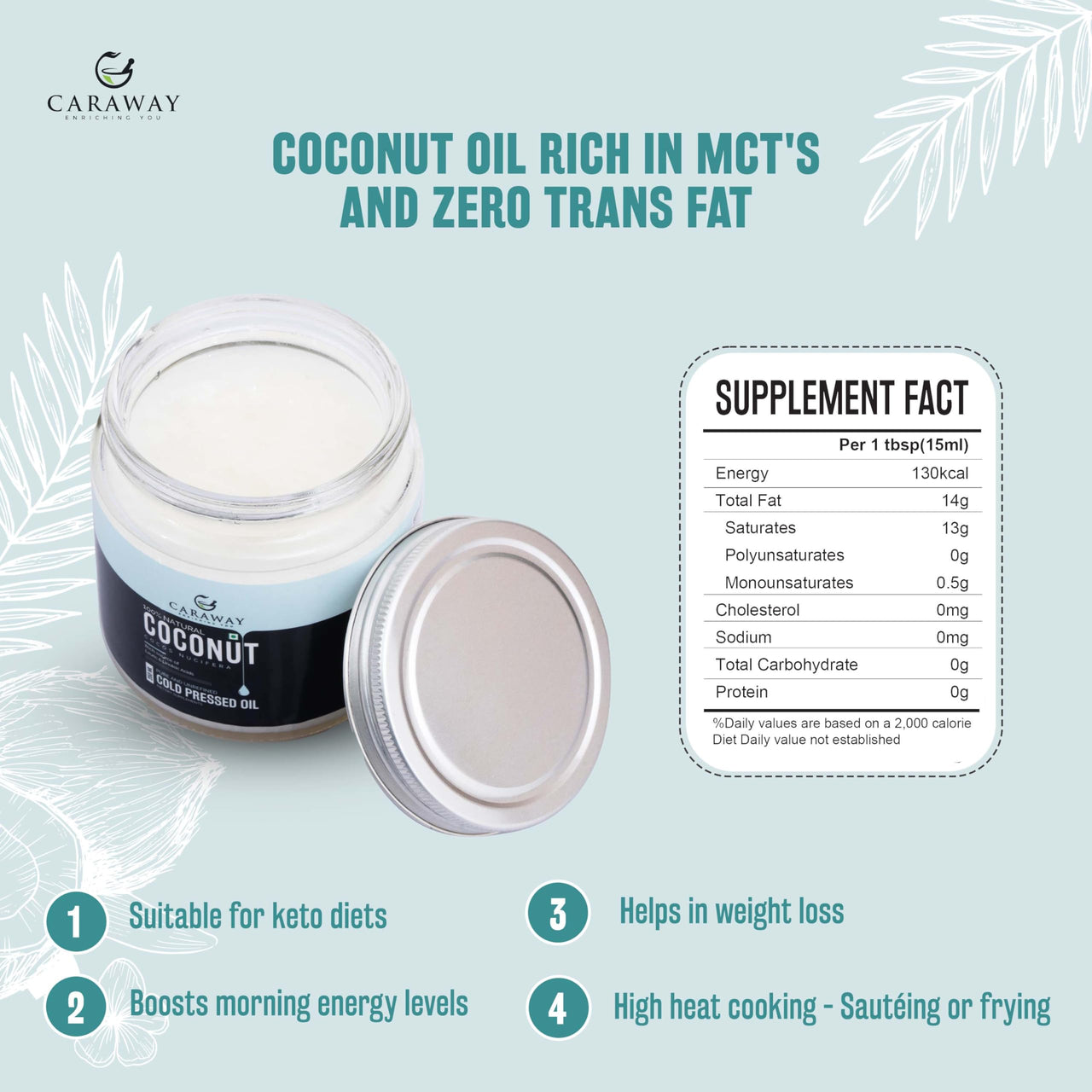 CARAWAY Virgin Coconut Oil - 250 ml | Cold Pressed Coconut Oil for Cooking, Hair Care and Baby Massage | FSSAI Certified | Rich in MCT's| Ayurveda Oil Pulling