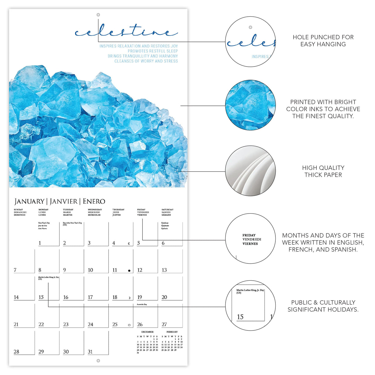 Graphique 2024 Crystals Wall Calendar | 12 x 12 | Thick Paper | Home & Office Organizer | Large Monthly Grid | 3 Languages & Marked Holidays | 4 Month Preview Page for 2025