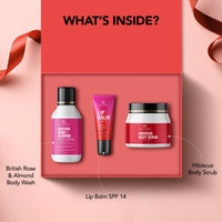 Botanic Hearth Gift Hamper | Hibiscus Body Scrub 60g + Raspberry Lip Balm 10g + British Rose Body Wash 50ml | Glow & Go Kit | Pampering Gift | Gift Set for Women | Gift Set for Birthday, Valentine's, Anniversary, Rakhi & Special Occasions | Special Editio
