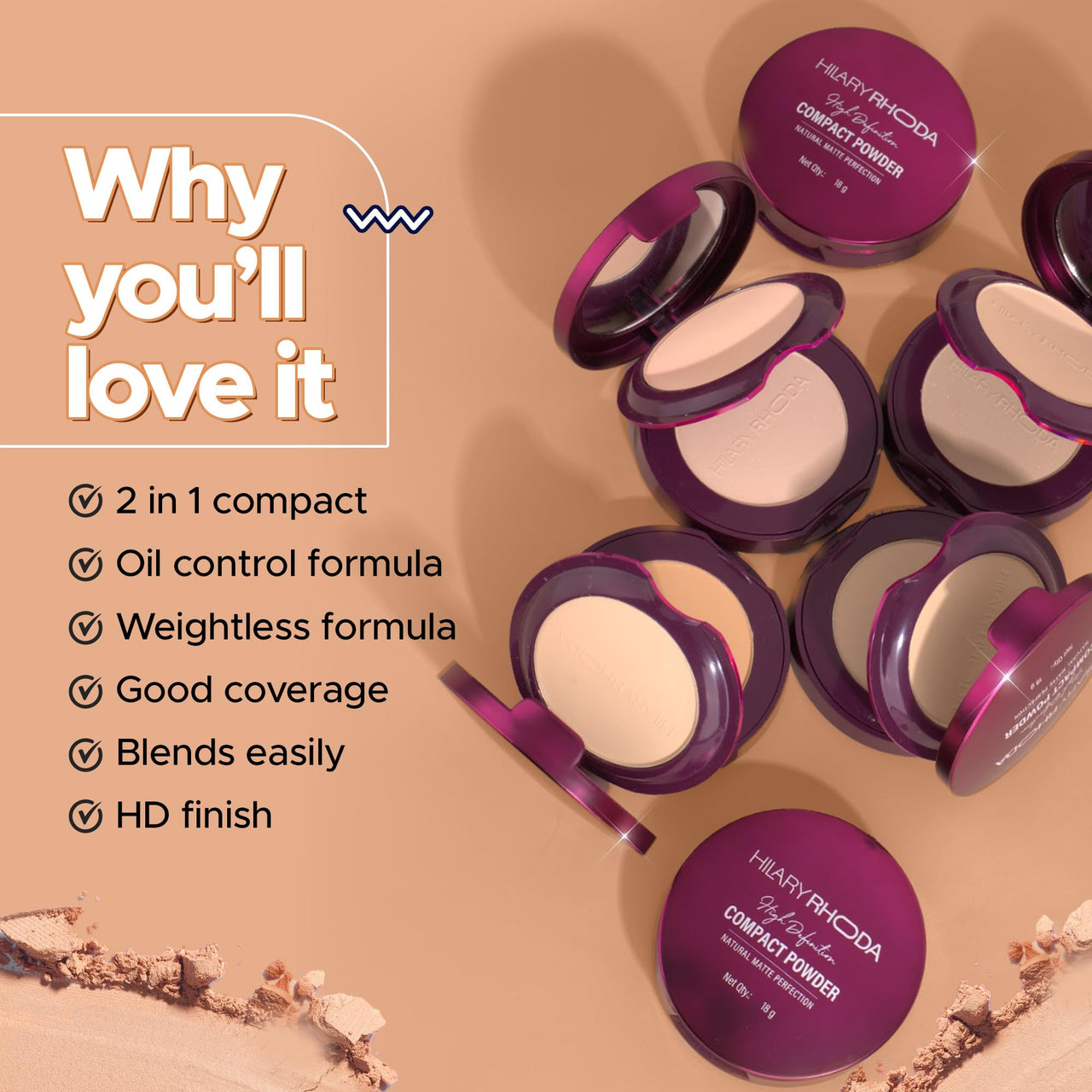 Hilary Rhoda HD High-Definition Pressed Powder | 2 in 1 Compact Powder | Shimmery & Matte Finish | Oil Control Formula | 18g (Sand - Shade 04)