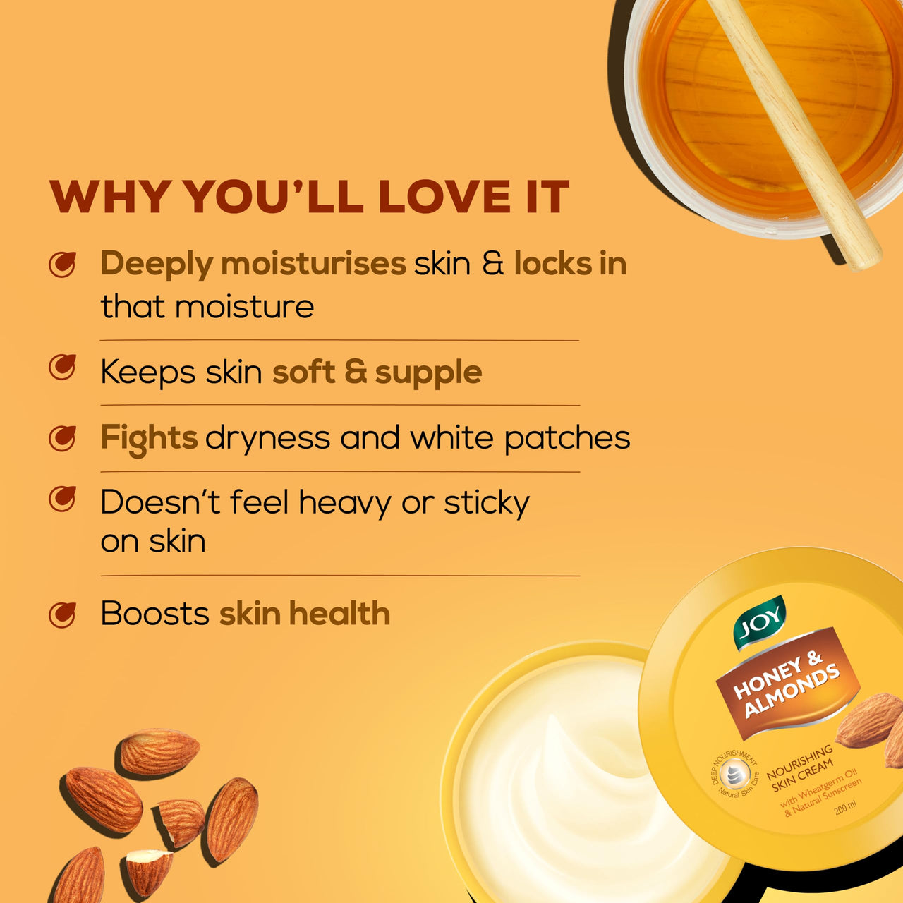 Joy Honey & Almonds Deep Nourishing Moisturizer for Face, Hands & Body (200ml) | Skin Cold Cream with Natural Sunscreen For Glowing Skin | Protects for Dryness & Retains Natural Moisture Balance