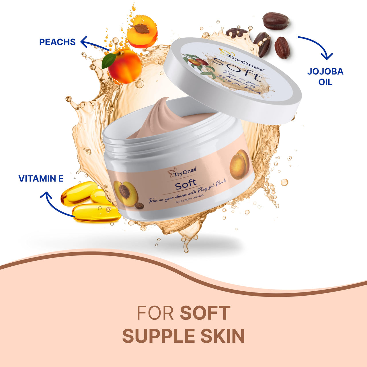 TryOnes Pure Peach Soft Light Moisturizing Cream With Vitamin E For All Skin Types 100% Natural, 0% Chemicals_Peach_50g