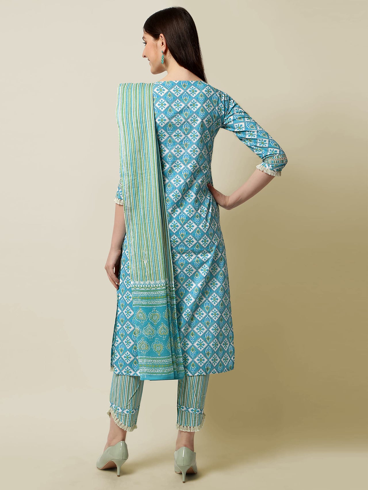 SOURBH Women's  Straight Fit Cotton Floral Printed and Embellished Kurta Set with Trouser Pant and Dupatta