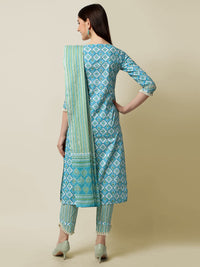 SOURBH Women's  Straight Fit Cotton Floral Printed and Embellished Kurta Set with Trouser Pant and Dupatta