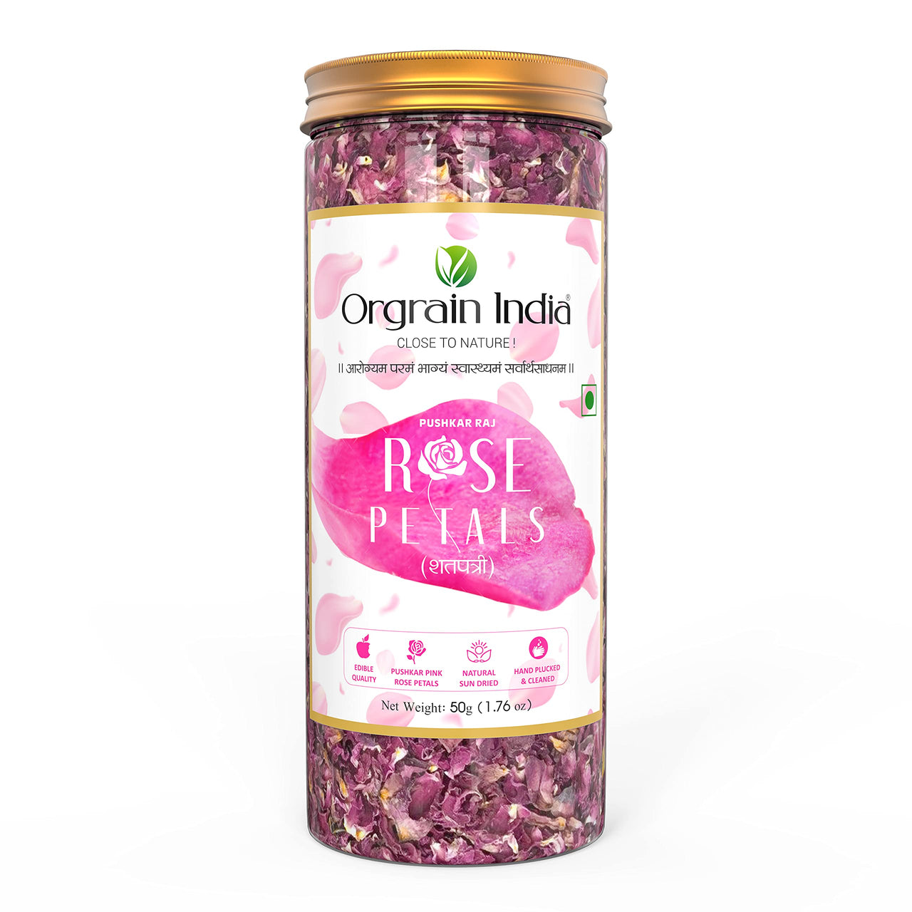 Orgrain India Pushkar Raj Pink Rose Petals 50g | Organically Grown Company-Owned Farmlands | Sun Dried Gulab Patti | Rose Tea