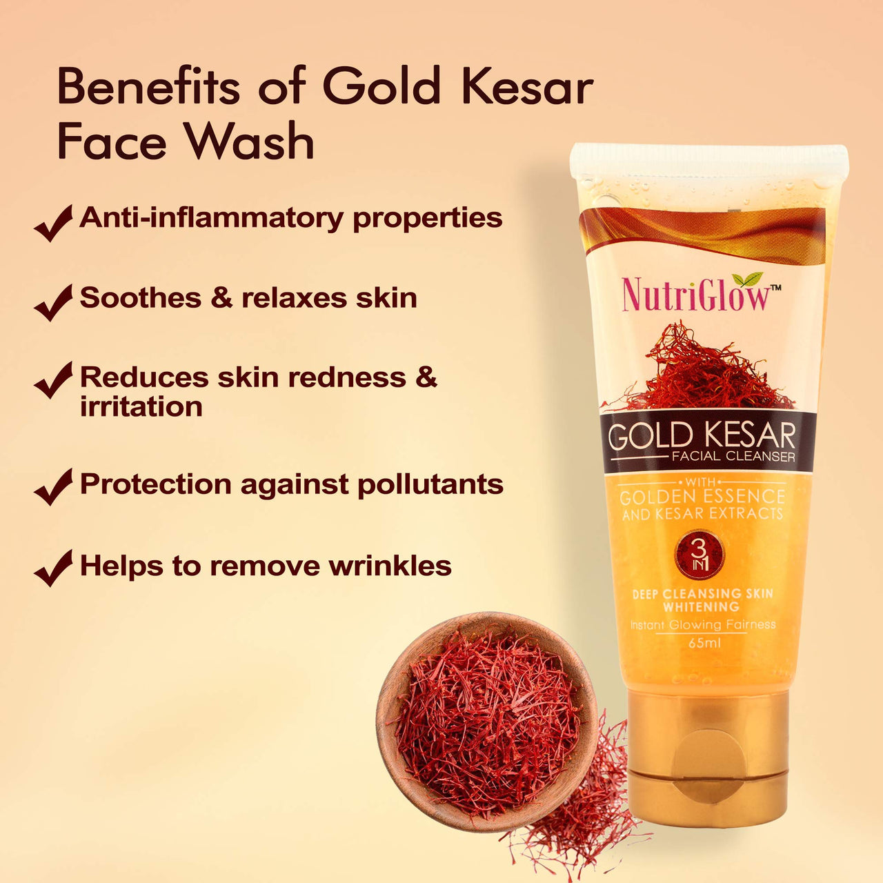 NutriGlow Gold Kesar Facial Kit (250gm + 10ml) with Bleach Cream (43gm) & Face Wash (65ml), All Skin Types (Pack Of 3)