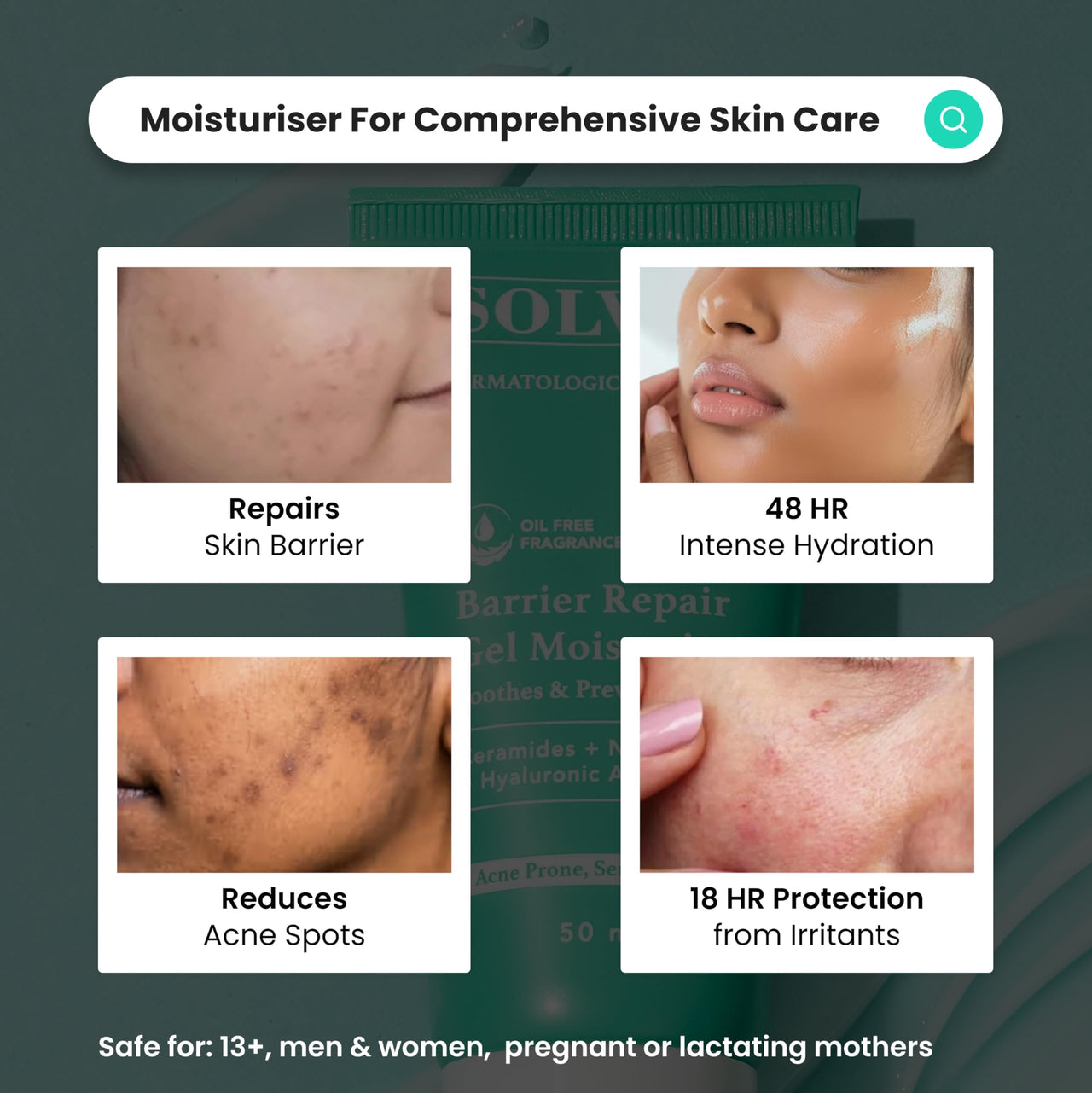 THE SOLVED SKIN India’s 1st Derma Tested Barrier Repair Gel Moisturiser With Lamellar Liquid Technology Reverses 4 Signs of Skin Damage by 70% Within 4 Weeks. 48 Hours Hydration. 50ml