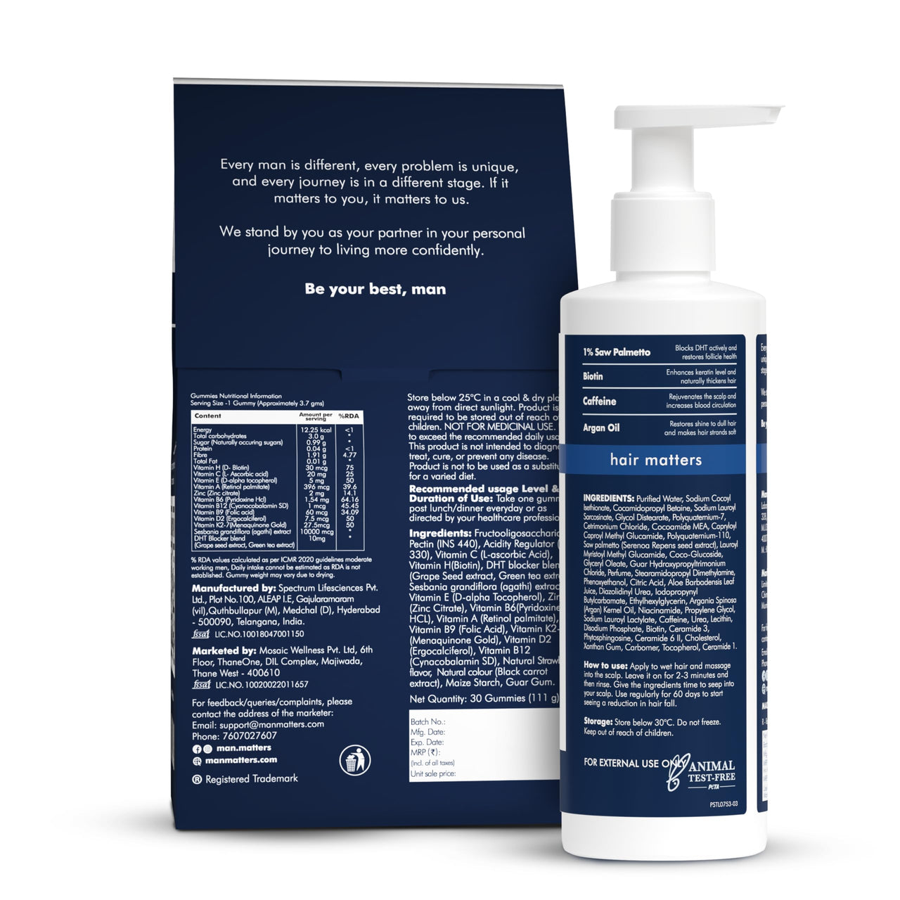 Man Matters Anti Hair Fall Shampoo and Biotin Hair Gummies | Strengthens and Smoothen your hair | Pack of 200ml Shampoo and 30 Gummies