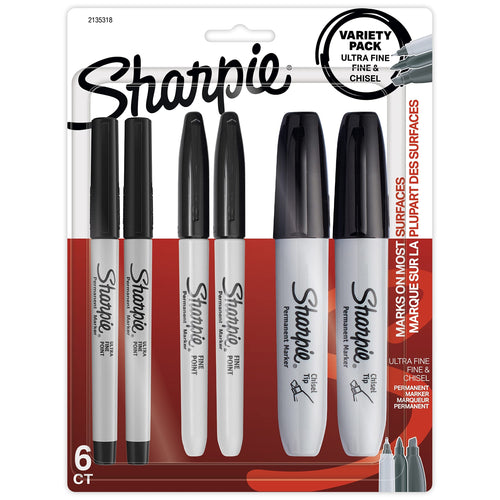 Sharpie Permanent Markers Variety Pack, Featuring Ultra-Fine, Chisel Tip, And Fine Tip Marker Set, Writing And Poster Markers, Black, 6 Count Pen