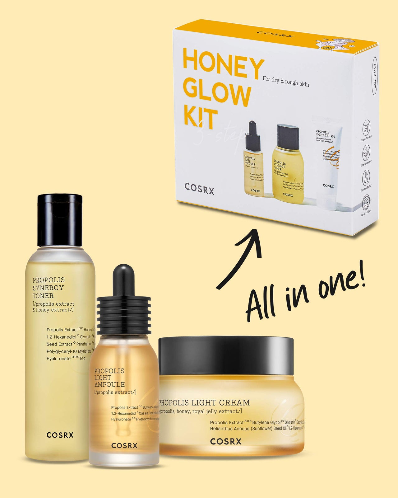 COSRX Honey Glow Kit | Facial Toner, Serum, Cream with Propolis Extract | Deep Moisture, Hydration, Nourishment | Travel Size Set, Gift Set, Korean Skincare, Not Tested on Animals