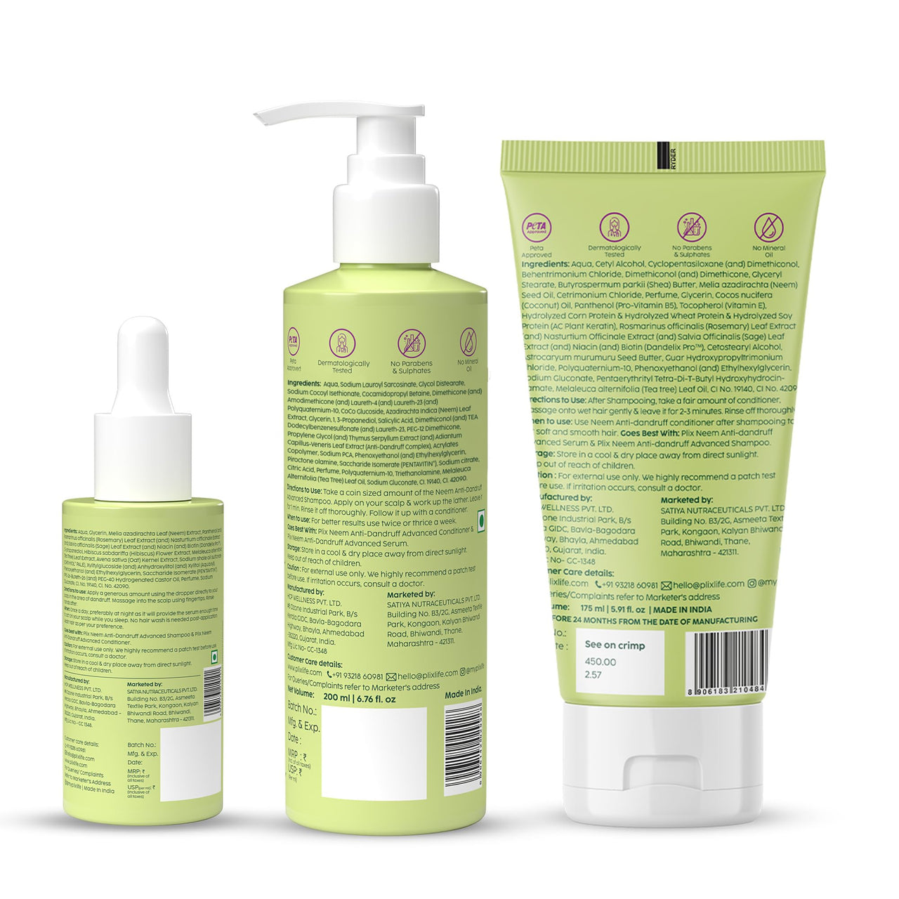 PLIX - THE PLANT FIX Neem Anti-Dandruff Advanced Kit | Shampoo (200ml), Serum (50ml), Conditioner (175ml) | Reduces Dandruff & Scalp Itching | Piractone Olamine & 3% Dandelix Pro™