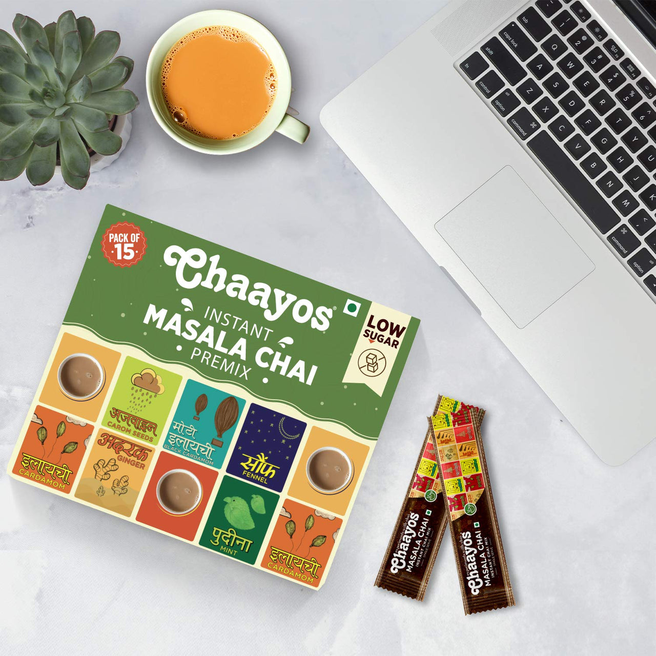 Chaayos Assam Instant Tea Premix Powder - Low Sugar Masala Flavour (15 Sachets) - Chai, Flavored Assam Tea Mix - 180 Gm