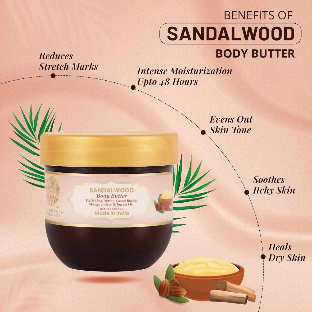 RYLLZ ESSENTIALS Sandalwood Body Butter | with Shea Butter, Cocoa Butter, Mango Butter, Niacinamide & Jojoba Oil | for 48Hrs Moisturisation, Stretch Marks, Dry/Itchy Skin & Uneven Skin Tone | 200 ml