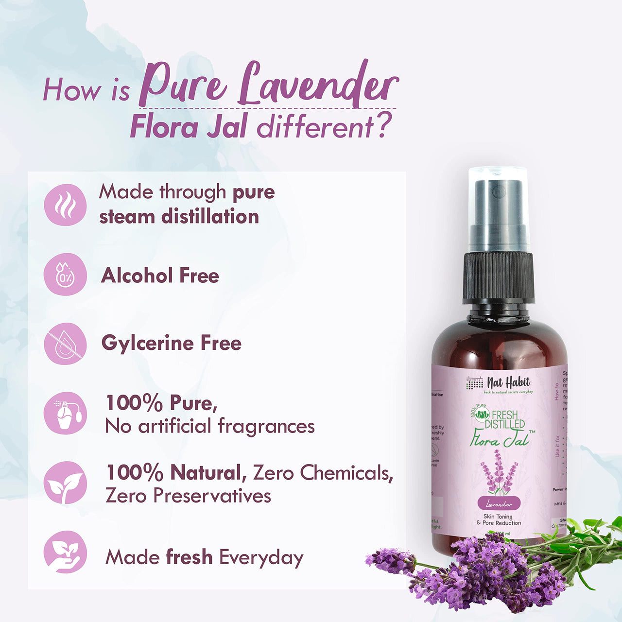 Nat Habit - 100% Pure Lavender Jal - Lavender Water - Toner, Face-Mist, Astringent & Face Spray- Ayurvedic Steam-Distilled For Oil-Control, Acne-Control, Skin Hydration (Pack of 1, 100 ml)