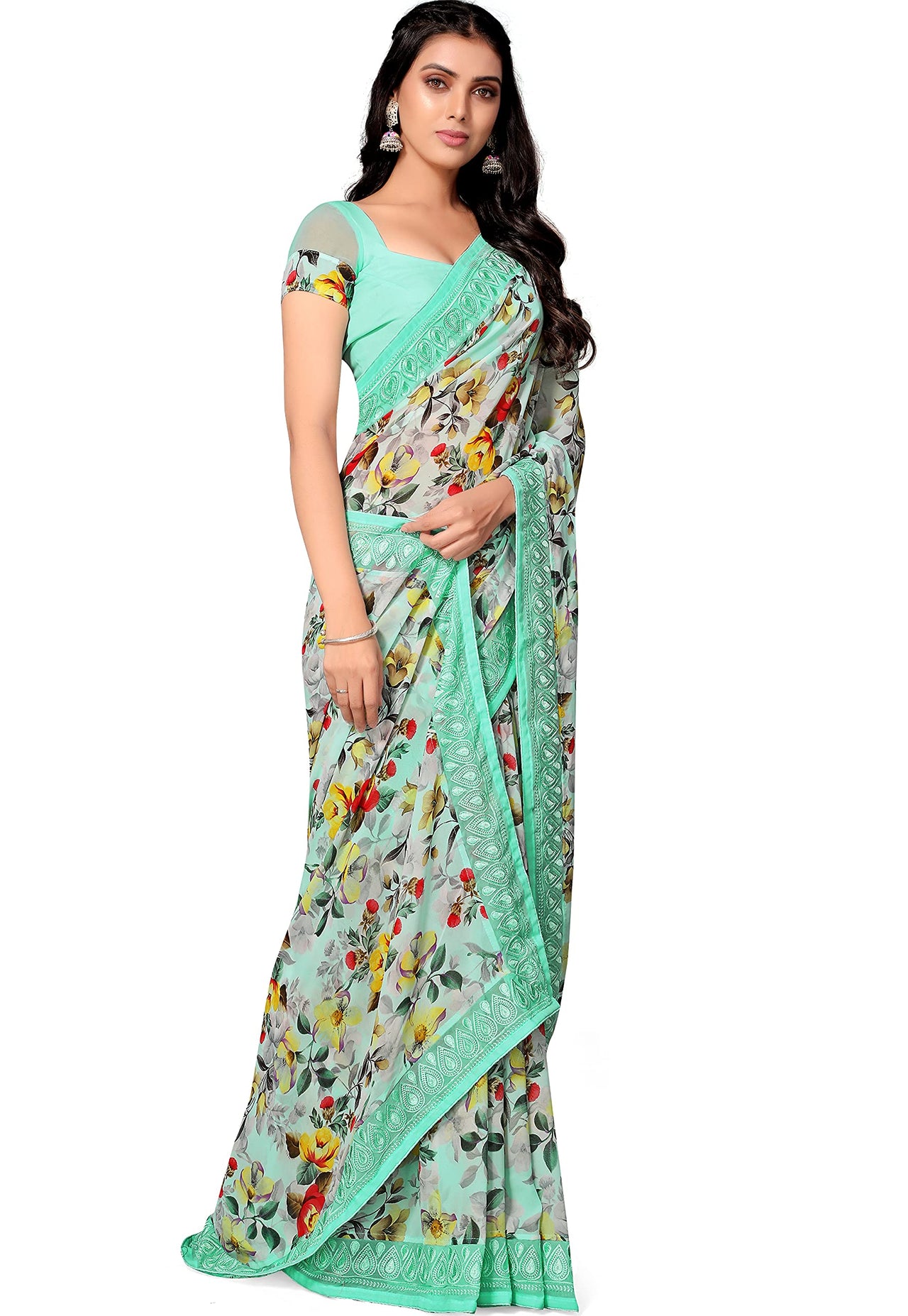 Shangrila Designer Digital Pastel Prints Weightless Georgette Saree With Blouse Piece