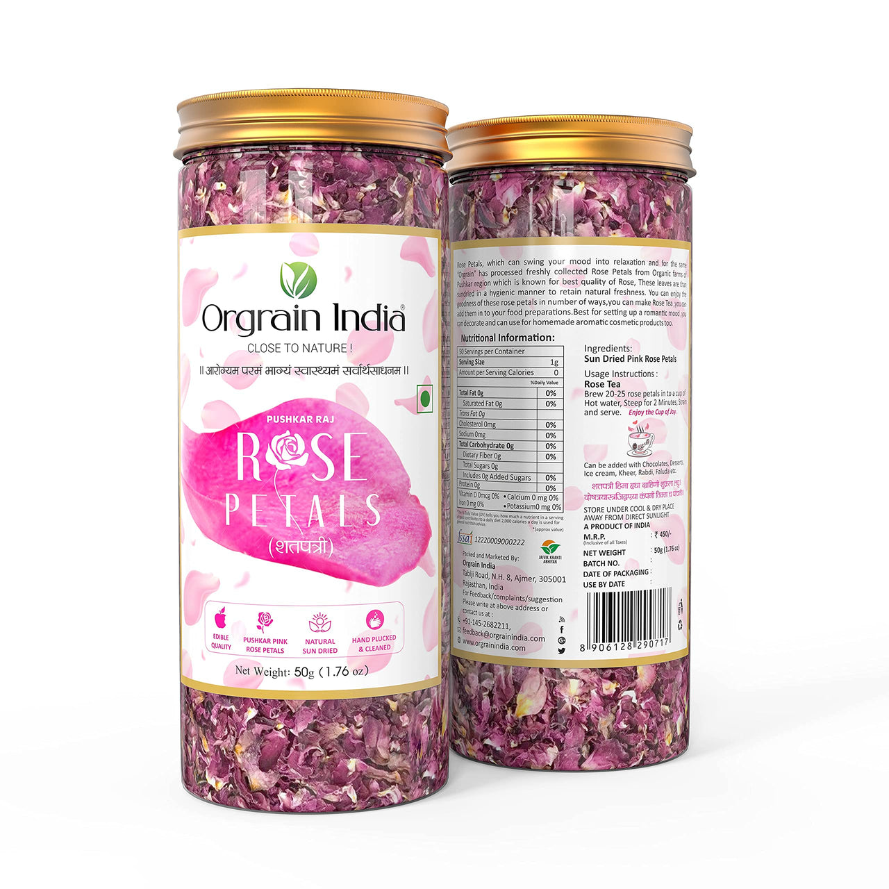 Orgrain India Pushkar Raj Pink Rose Petals 50g | Organically Grown Company-Owned Farmlands | Sun Dried Gulab Patti | Rose Tea