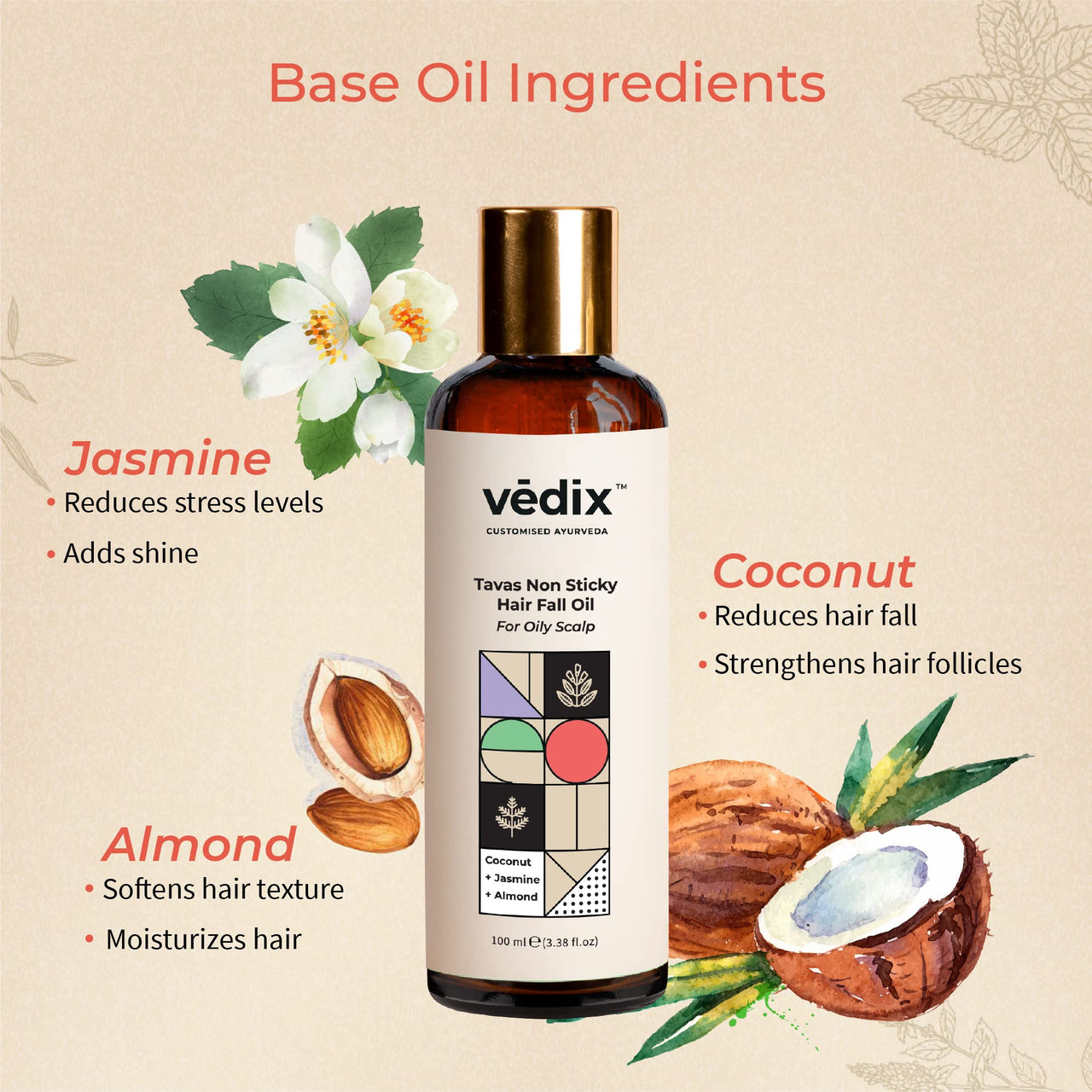 Vedix Ayurvedic Hair Fall Oil Combo with 3 Booster Oils, Tavas Non Sticky Hair Oil For Oily Scalp With Amla, Brahmi & Bhringraj Booster Oils, gift for women - 130ml