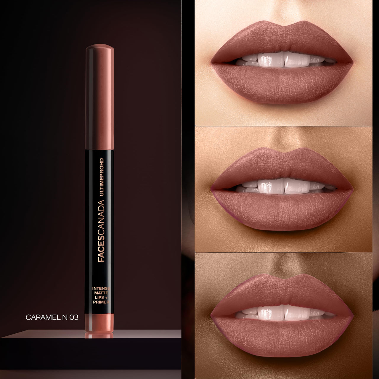 FACES CANADA Ultime Pro HD Intense Matte Lips + Primer - Caramel N03, 1.4g | 9HR Long Stay | Primer Infused For Flawless HD Matte Finish | Intense Color Lightweight Silky Smooth Cream Application