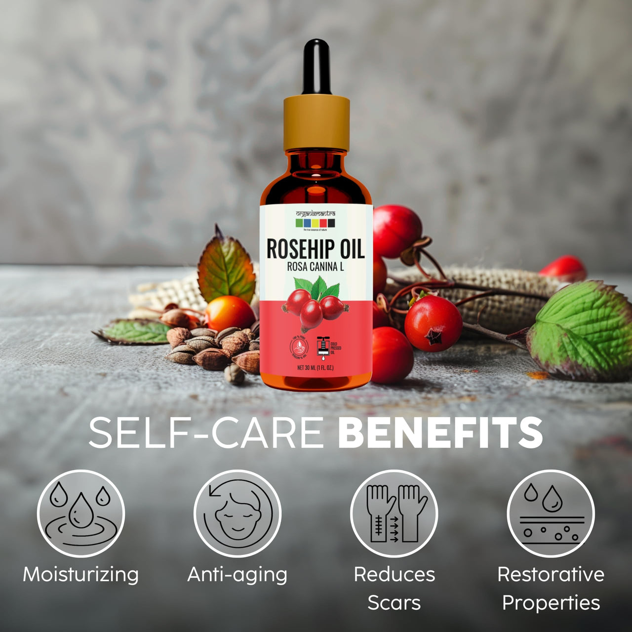 Organix Mantra Rosehip Seed Body Oil for Face Wrinkles, Fine Lines, Under Eye, Curly Hair | 100% Pure, Natural & Cold Pressed Oil, 30ML