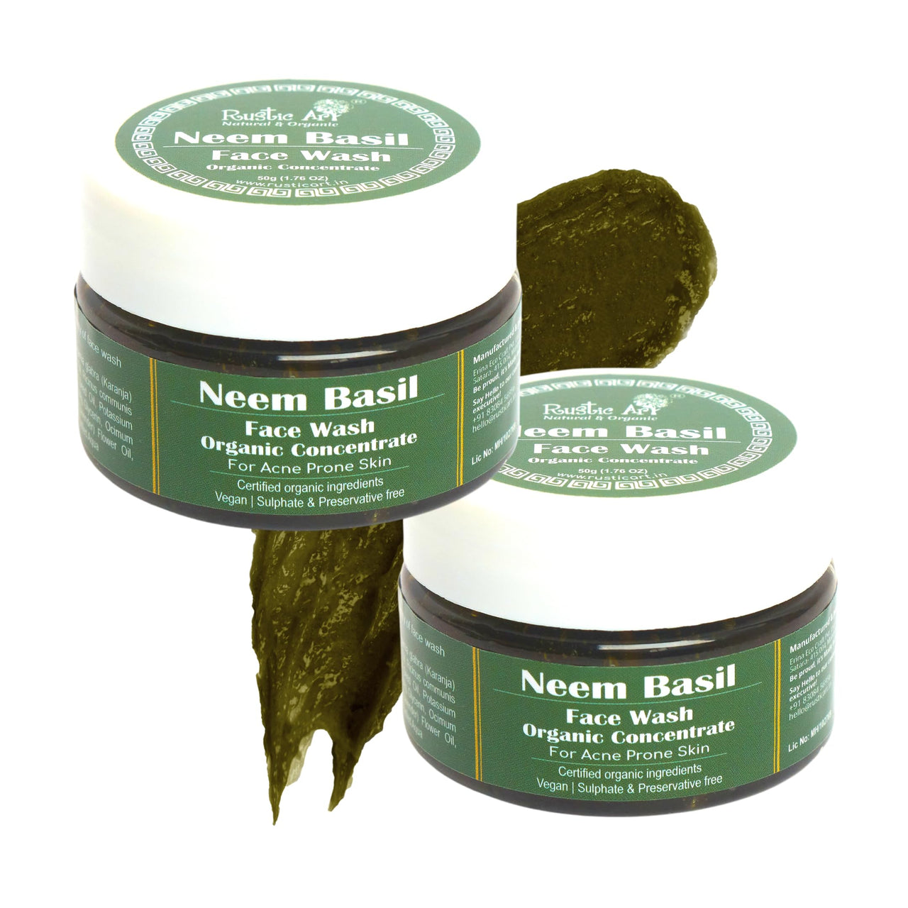Rustic Art Organic Neem Basil Face Wash Concentrate | Anti acne, sulphate free cleanser for women & men | 50 g (Pack of 2)