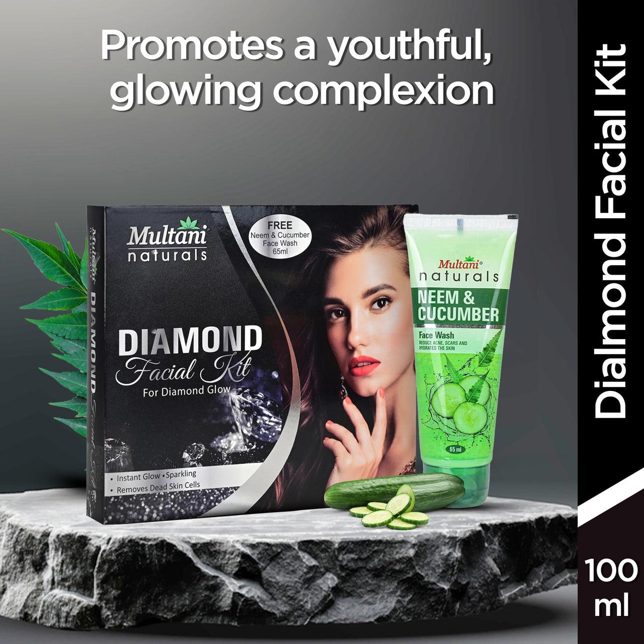 Multani Naturals Diamond Facial Kit For Instant Glow & Removes Dead Skin Cells | 6 Products in one Box | Cleansing Cream , Massage Cream , Scrub, Face Pack , massage Gel and Free Face Wash (65ML) | 100 ml