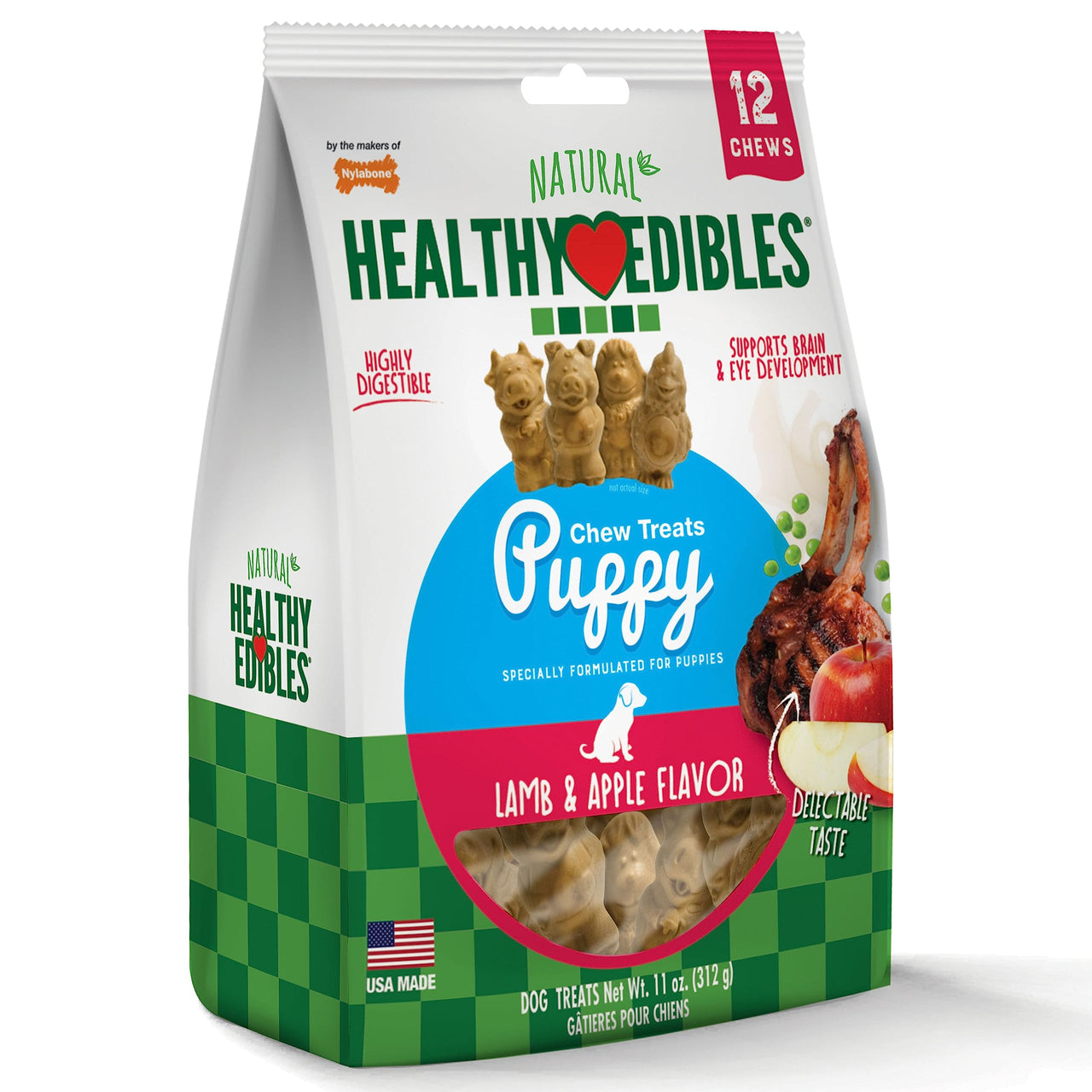 Nylabone Healthy Edibles Puppy Natural Long Lasting Dog Chew Treats Lamb & Apple Small/Regular (12 Count) 0.9166666666666666 Ounce (Pack of 12)