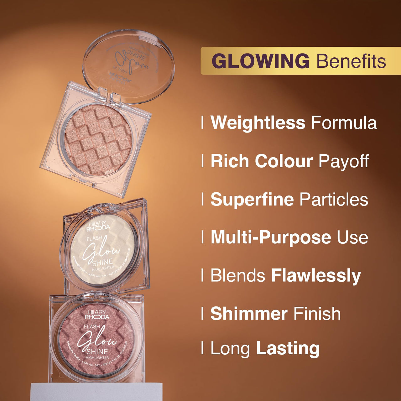 Hilary Rhoda Flash Glow Shine Highlighter | Rich Colour Payoff | Superfine Particles | 3D Reflective Glow | Blends Flawlessly -7g (Gold Shine -Shade 04)