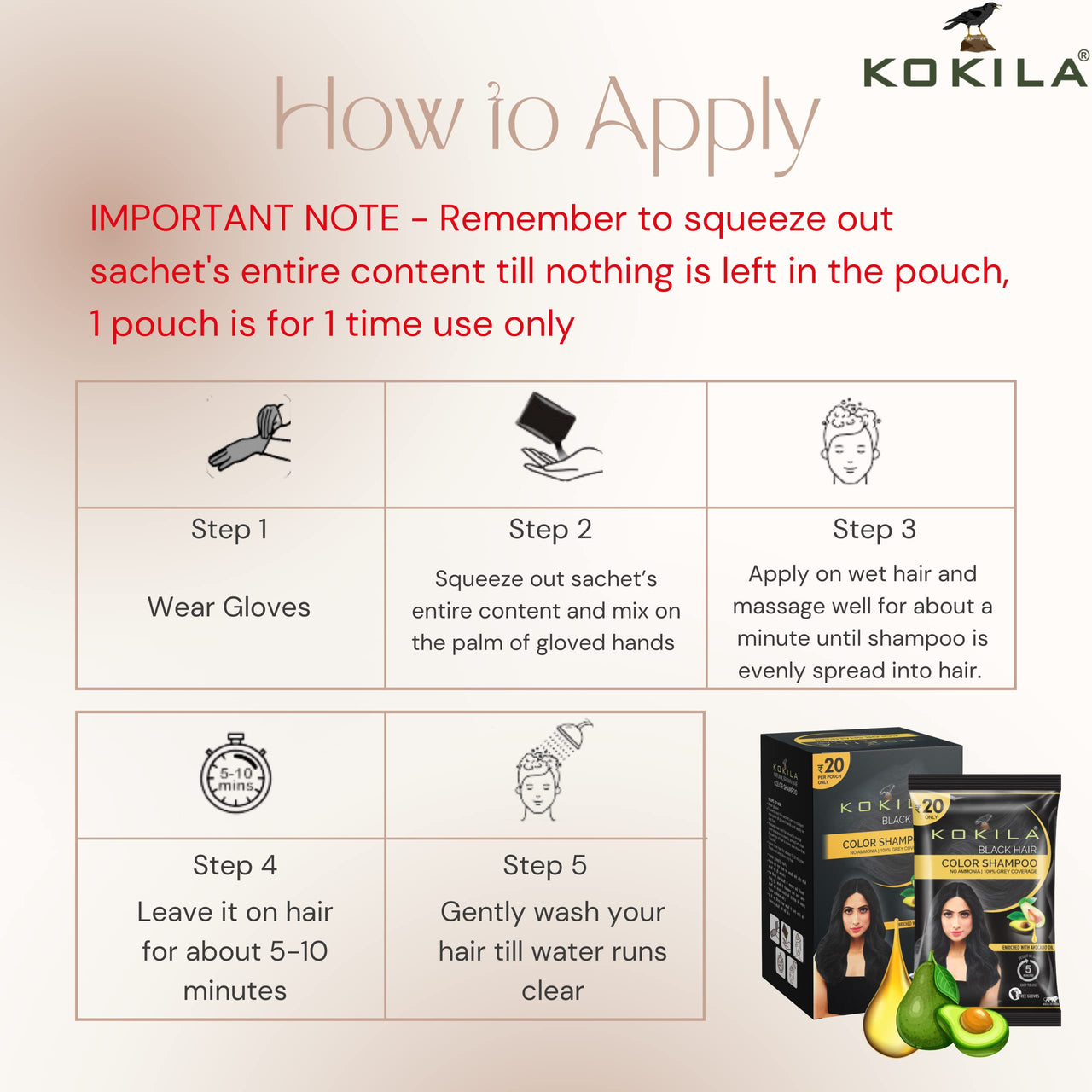 Kokila Unisex Hair Color Shampoo Enriched With Almond Oil in Just 5 Minute, Long-Lasting Instant Hair Color Black Pack of 15 (15ML Each)