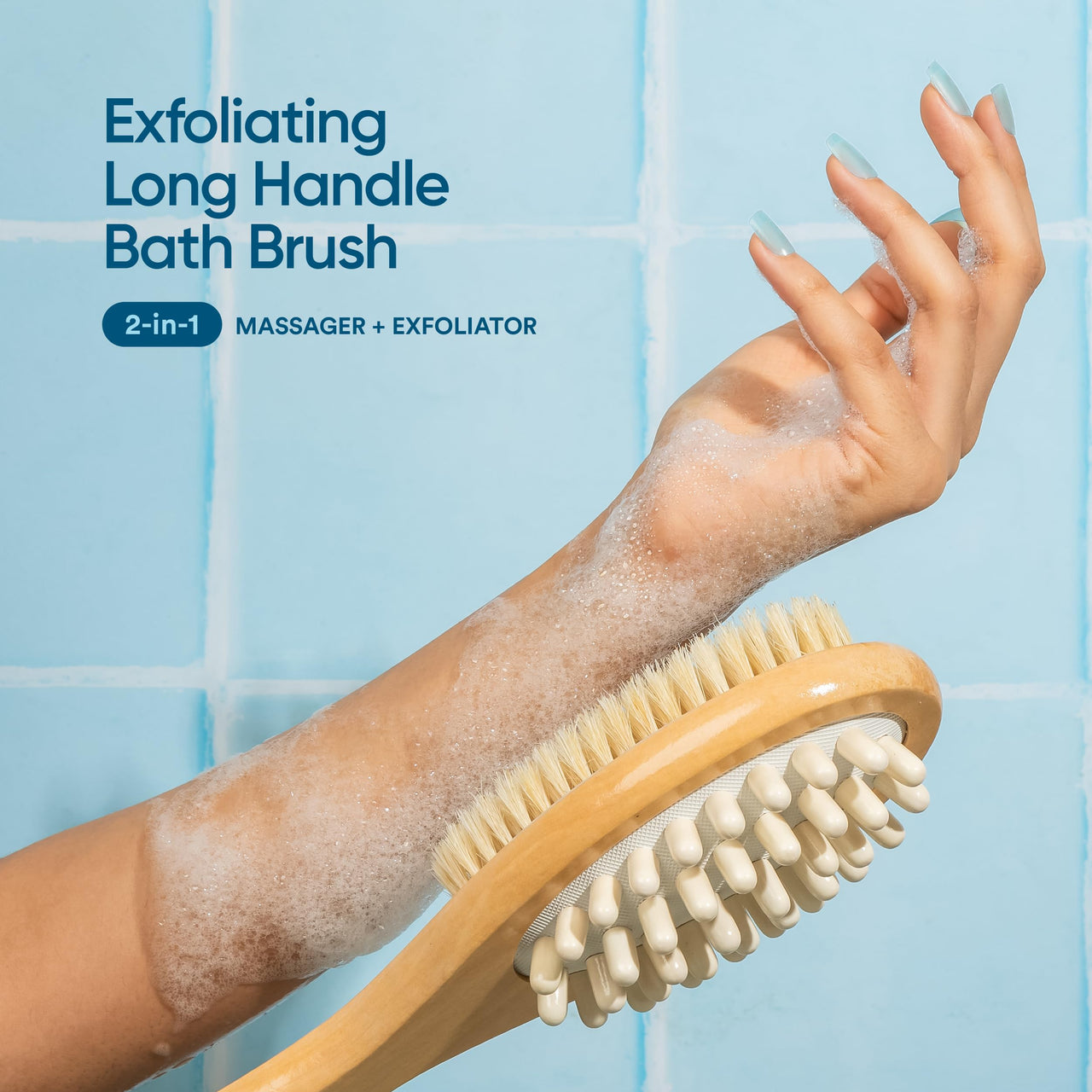Bloom 2-in-1 Long Handle Body Brush | For Skin Exfoliation and Massage | Reduces Cellulite | Stimulates Blood Circulation & Reduces Dead Skin Cells | Natural, Soft Bristles | (1 unit)
