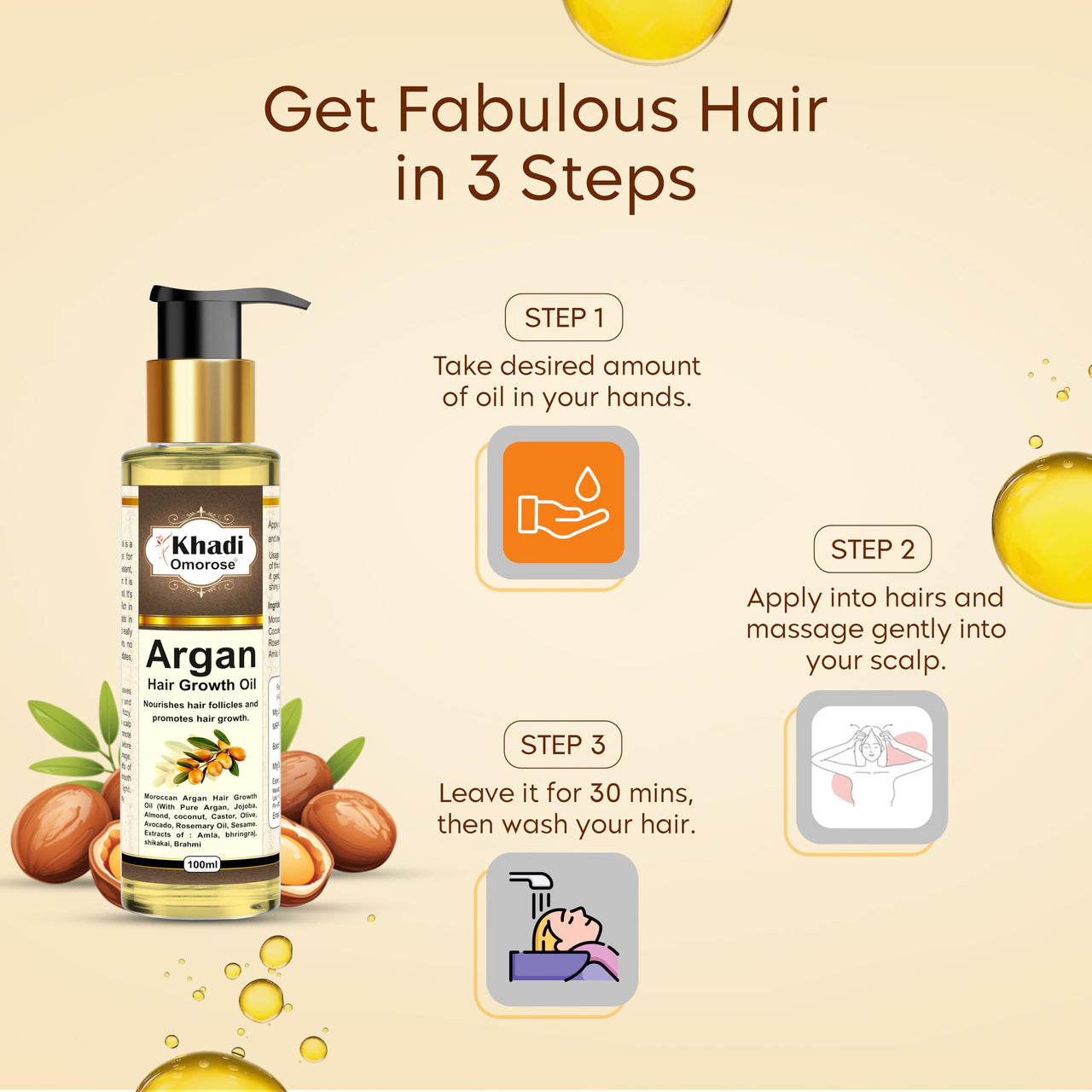 Khadi Omorose Argan Hair Oil - Controls Hair Fall, Makes Hair shiny and Strong (100 ml), (With Argan, Jojoba, Almond, Castor, Olive, Sesame Oil)