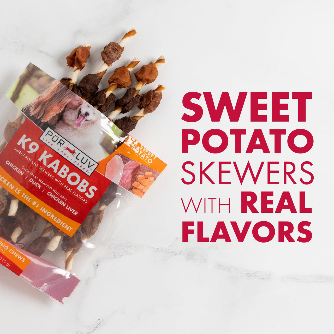 Dog Treats, K9 Kabobs for Dogs Made with Real Chicken, Duck, and Sweet Potato, 12 Ounces, Healthy, Easily Digestible, Long-Lasting, High Protein Dog Treat, Satisfies Dog's  Urge to Chew Chicken / Duck / Sweet Potato Kabob
