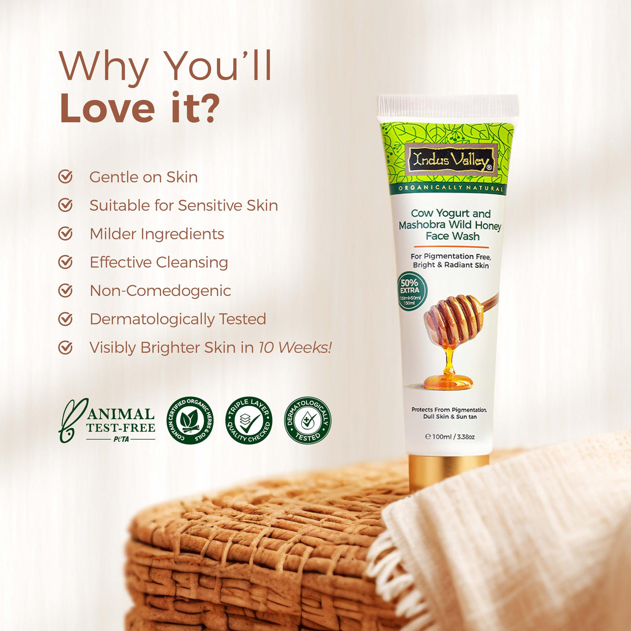 INDUS VALLEY Cow Yogurt Mashobra Honey & Papaya Cleansing Face Wash for Bright & Glowing Skin | Reduces Spots, Blemishes & Pigmentation | Low Foam | Men & Women (100gm + 50% Extra)