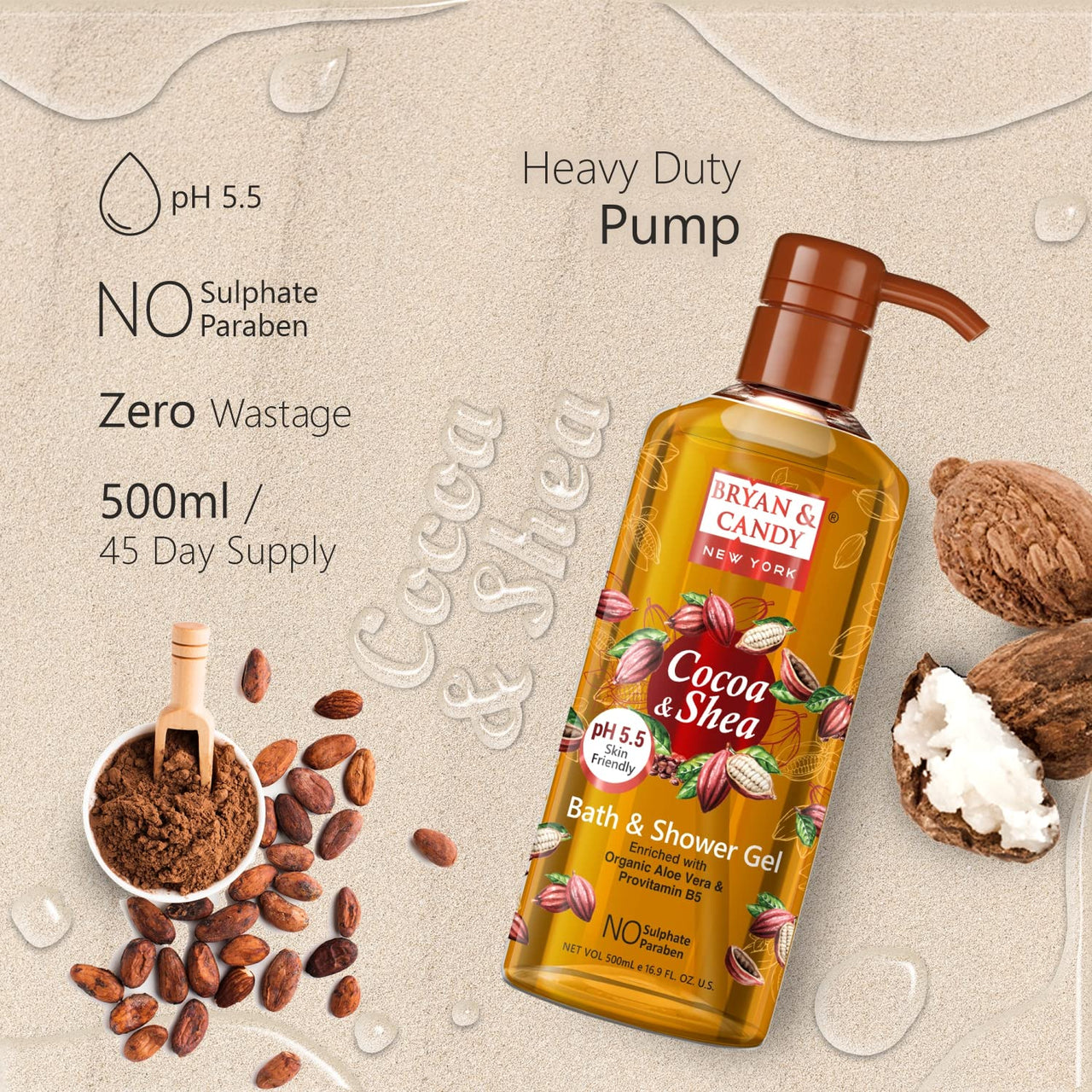 Bryan & Candy Shower Gel with Aloe Vera. Gentle, Moisturizing Body Wash for Soft, Supple Skin (Cocoa Shea Shower Gel, 500ml)