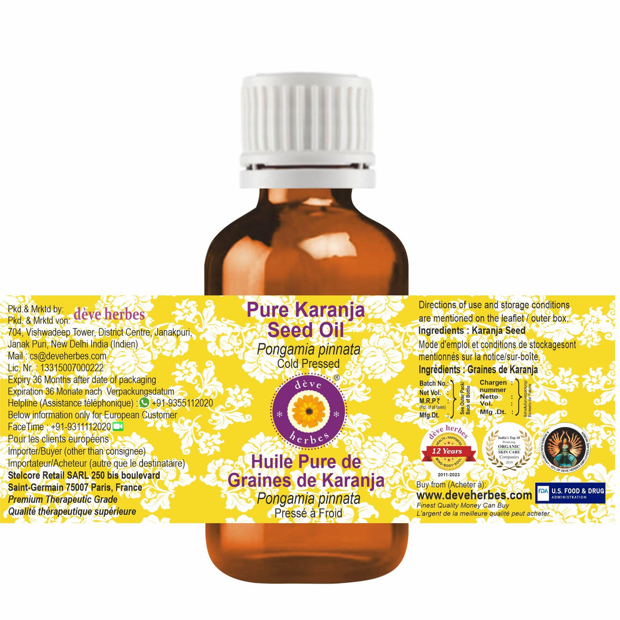 Deve Herbes Pure Karanja Seed Oil (Pongamia pinnata) Natural Therapeutic Grade Cold Pressed 50ml